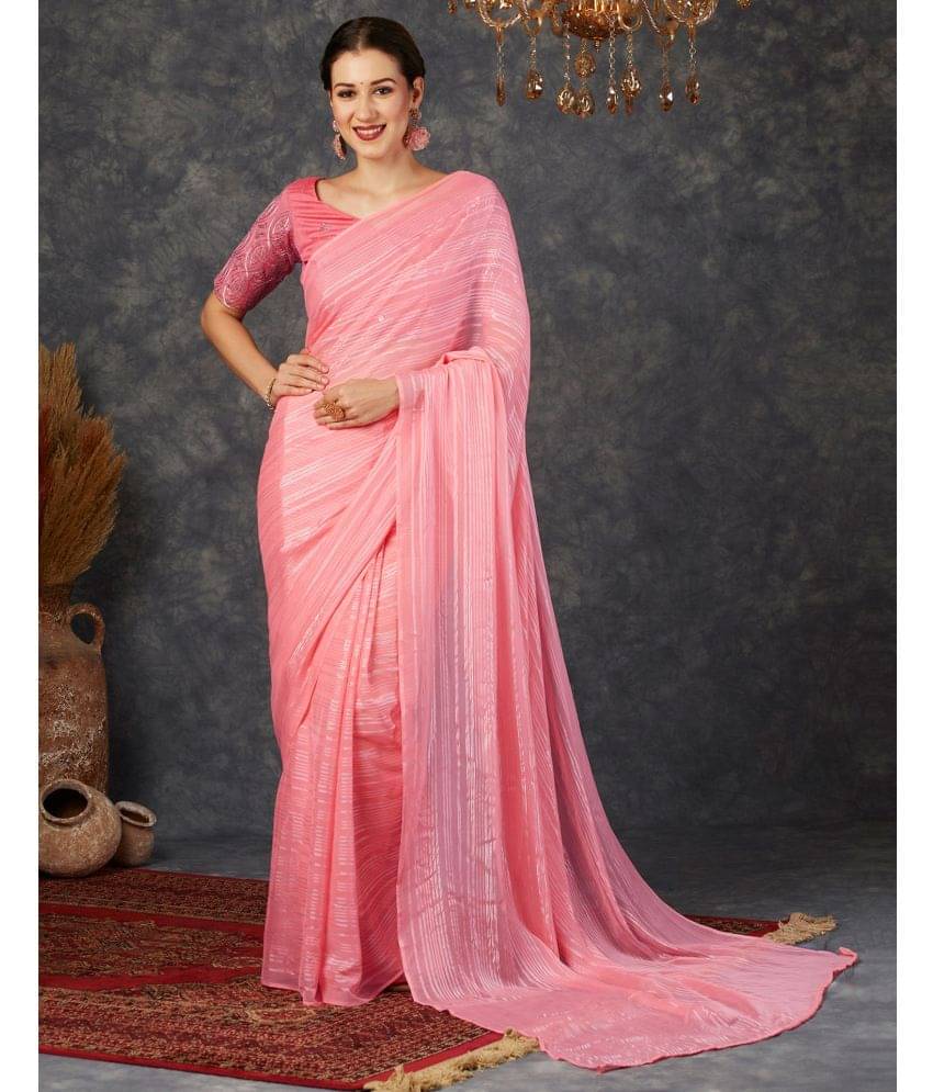     			Samah Georgette Striped Saree With Unstitched Blouse Piece ( Pink )