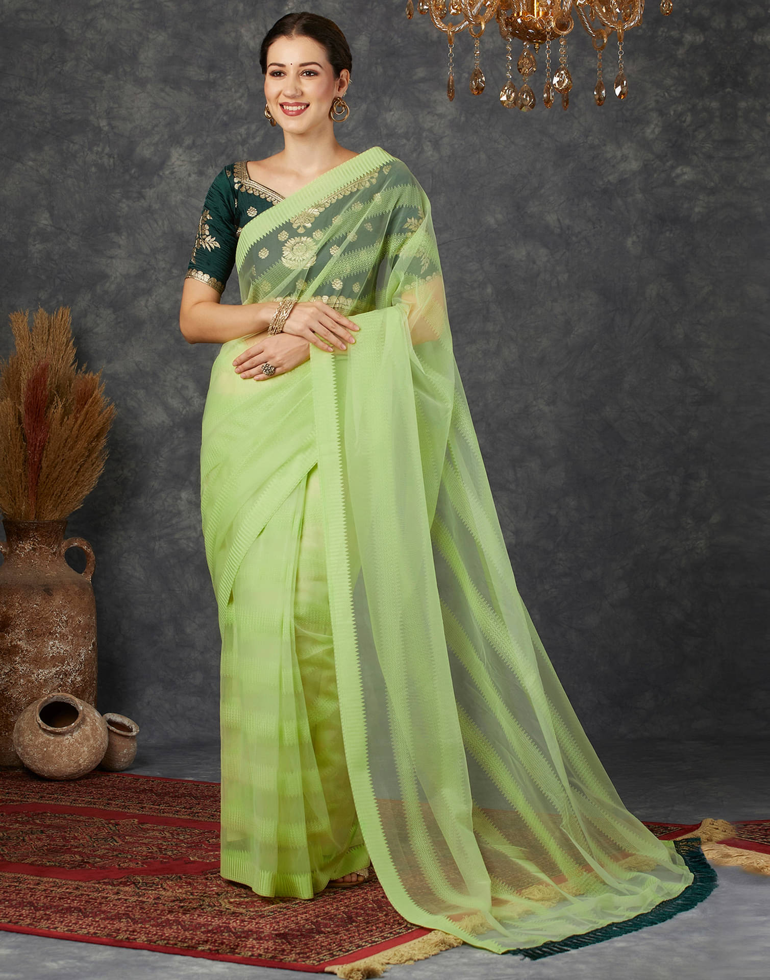     			Samah Net Woven Saree With Unstitched Blouse Piece ( Light Green )