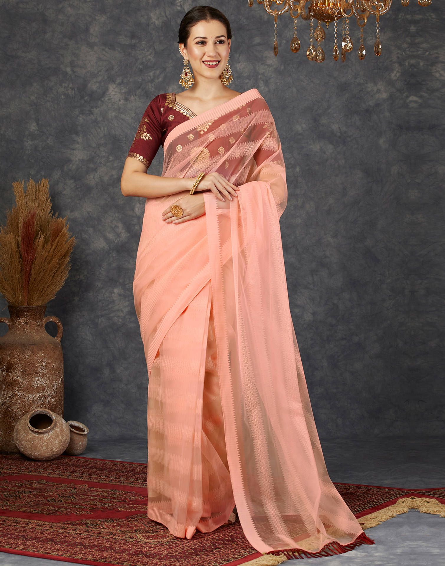     			Samah Net Woven Saree With Unstitched Blouse Piece ( Rose Gold )