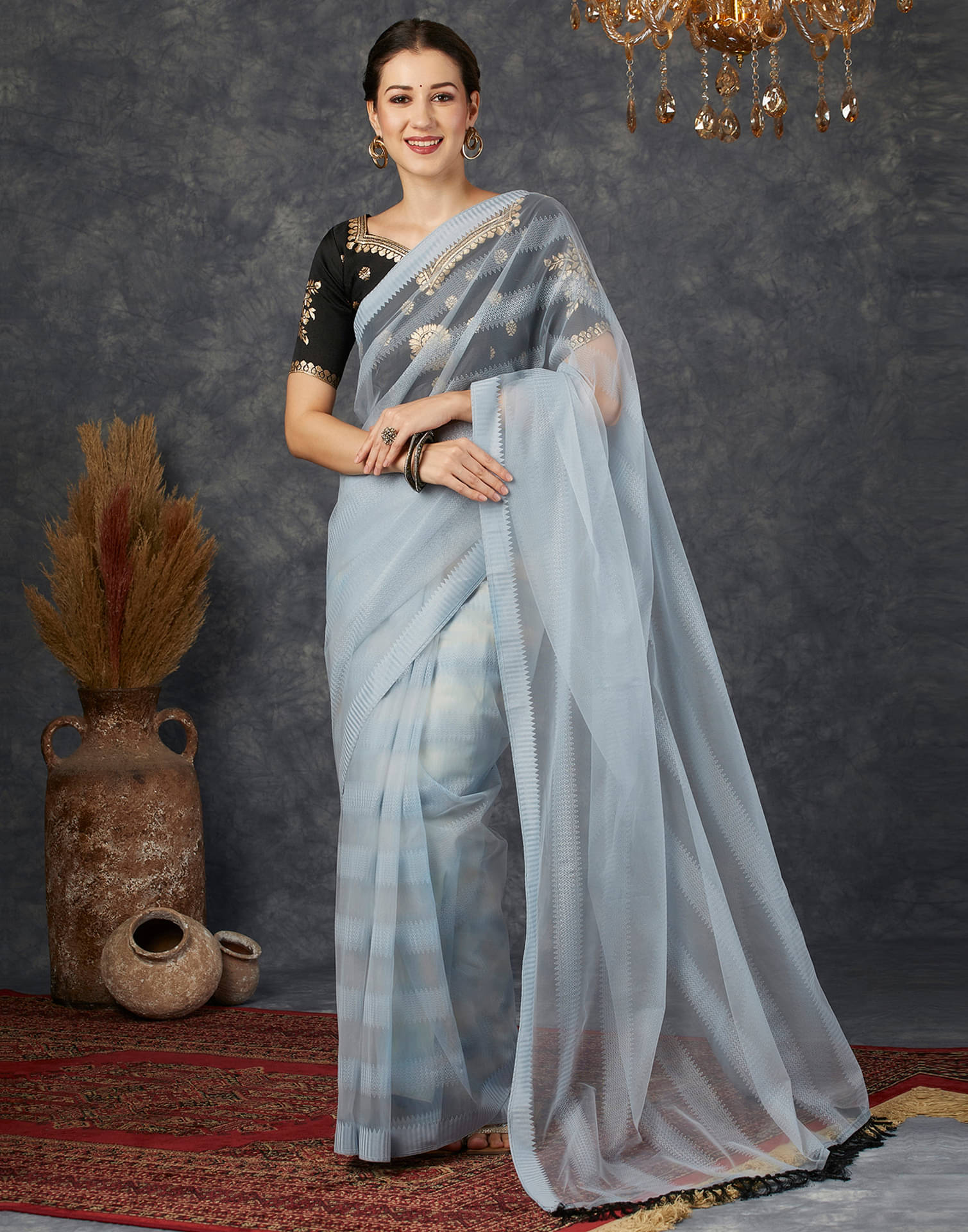     			Samah Net Woven Saree With Unstitched Blouse Piece ( Grey )