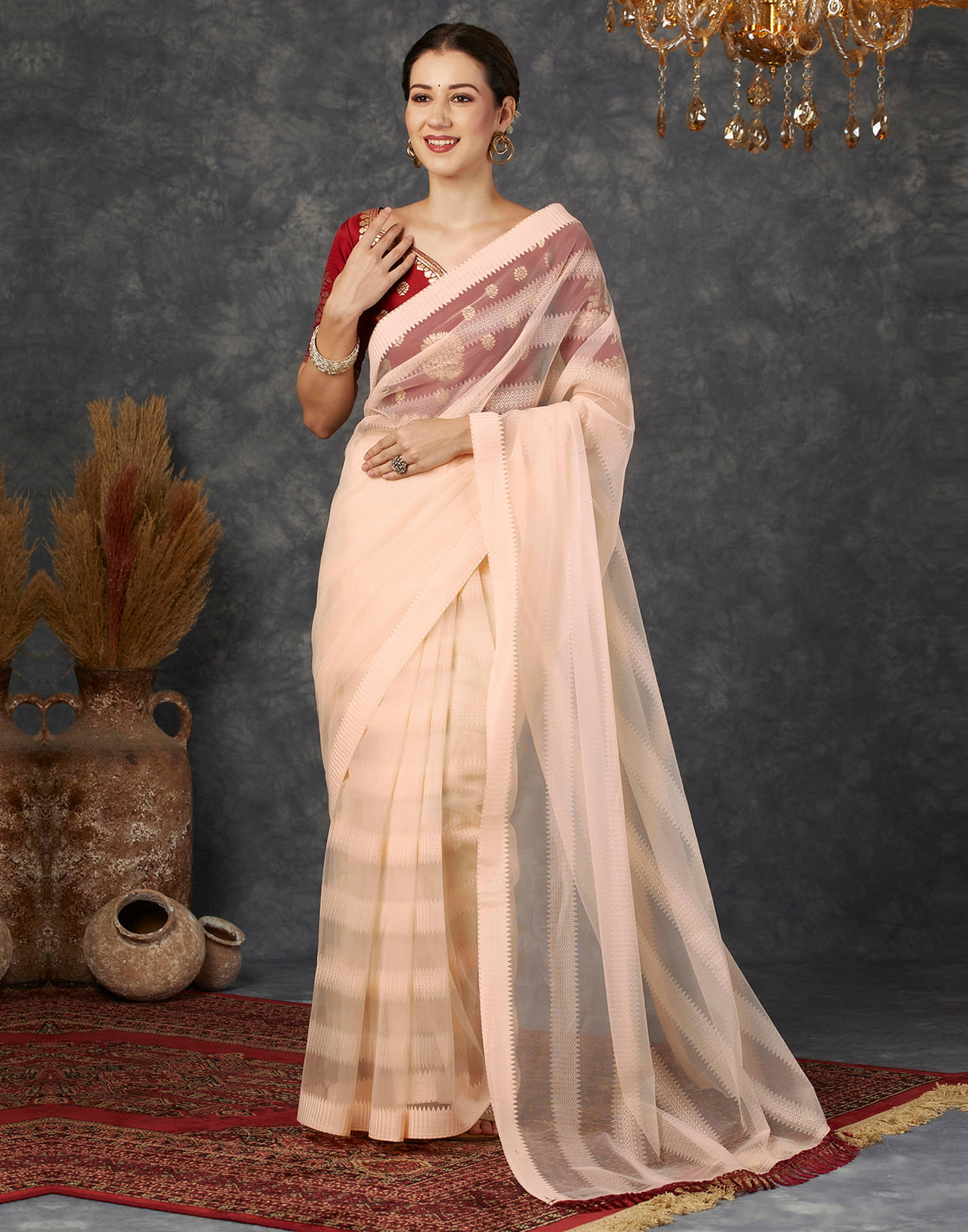     			Samah Net Woven Saree With Unstitched Blouse Piece ( Peach )