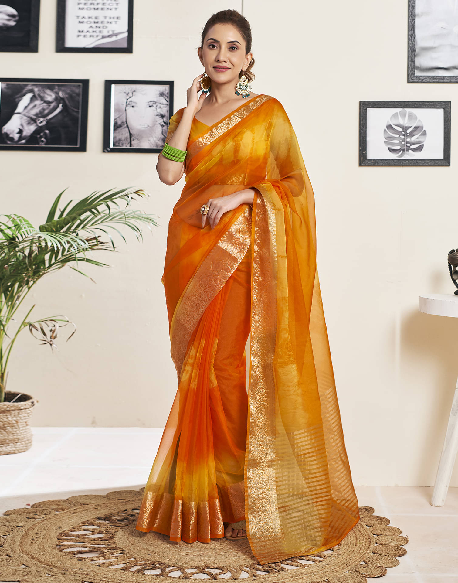 Samah Organza Printed Saree With Unstitched Blouse Piece ( Orange ) Samah Organza Printed Saree With Unstitched Blouse Piece ( Orange )