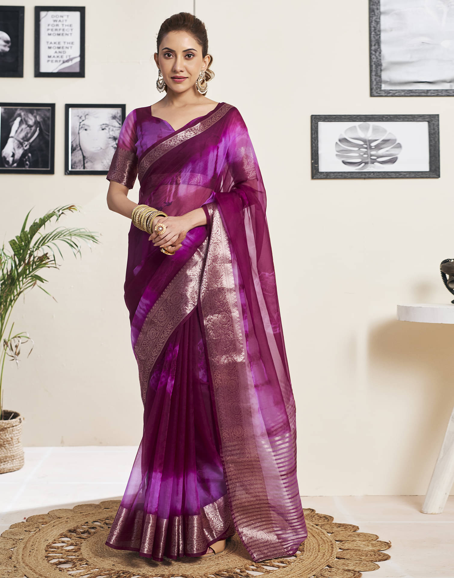 Samah Organza Printed Saree With Unstitched Blouse Piece ( Wine ) Samah Organza Printed Saree With Unstitched Blouse Piece ( Wine )