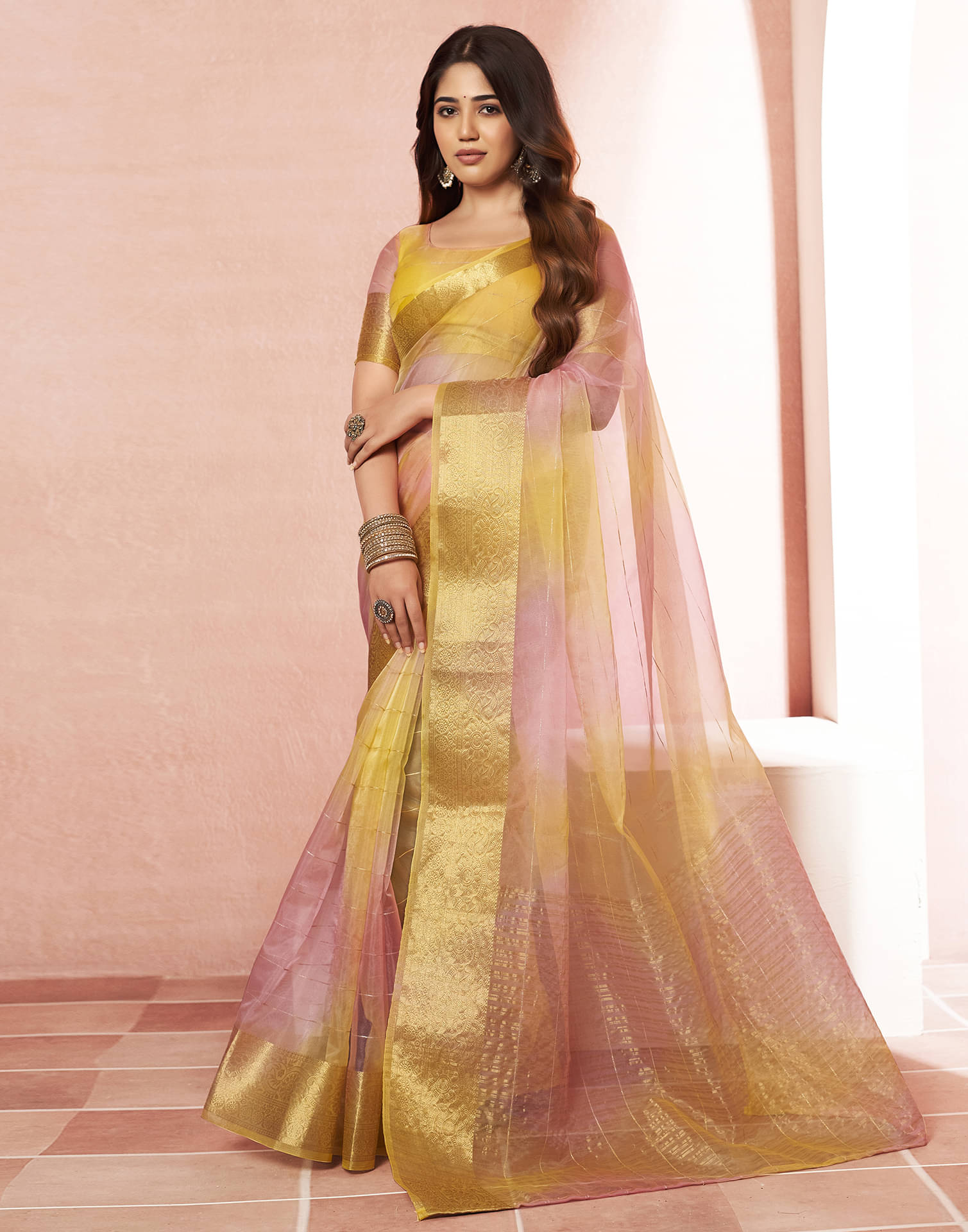 Samah Organza Printed Saree With Unstitched Blouse Piece ( Yellow ) Samah Organza Printed Saree With Unstitched Blouse Piece ( Yellow )