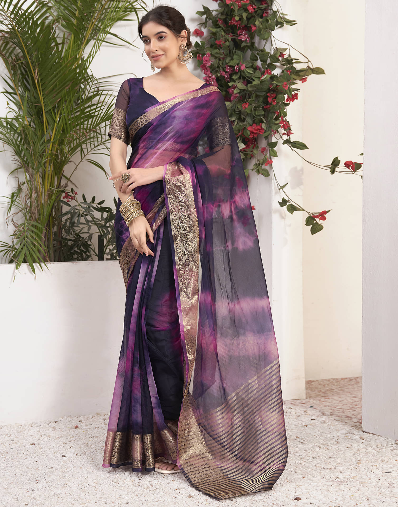 Samah Organza Printed Saree With Unstitched Blouse Piece ( Purple ) Samah Organza Printed Saree With Unstitched Blouse Piece ( Purple )