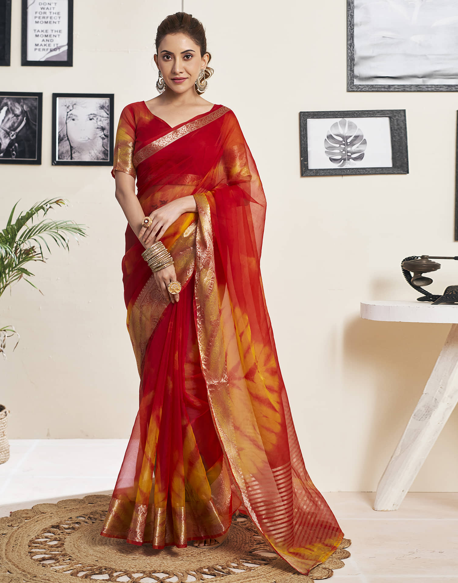 Samah Organza Printed Saree With Unstitched Blouse Piece ( Maroon ) - Sarees | Buy online on ZillyBuy