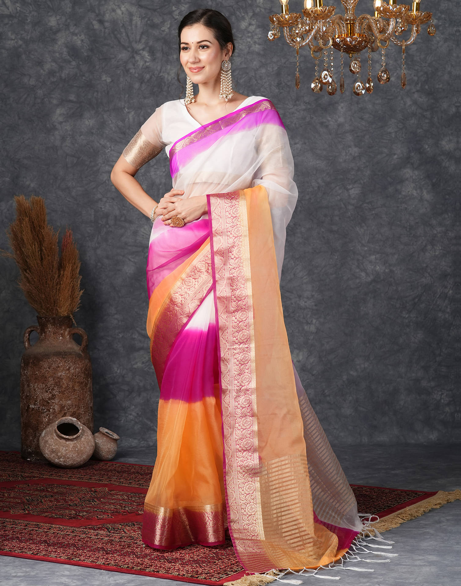     			Samah Organza Solid Saree With Unstitched Blouse Piece ( Yellow )