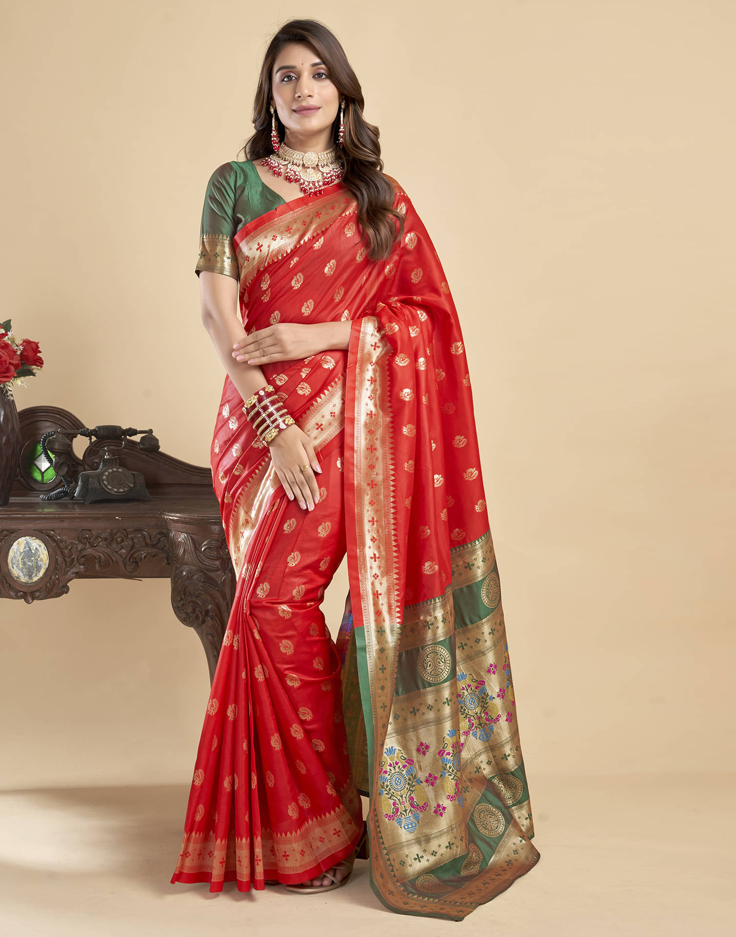Samah Silk Self Design Saree With Unstitched Blouse Piece ( Red ) Samah Silk Self Design Saree With Unstitched Blouse Piece ( Red )
