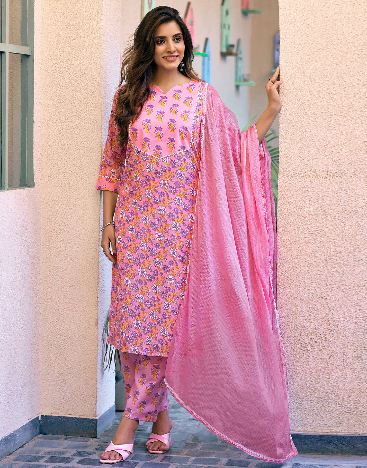     			Skylee Rayon Printed Kurti With Pants Women's Stitched Salwar Suit - Pink ( Pack of 1 )
