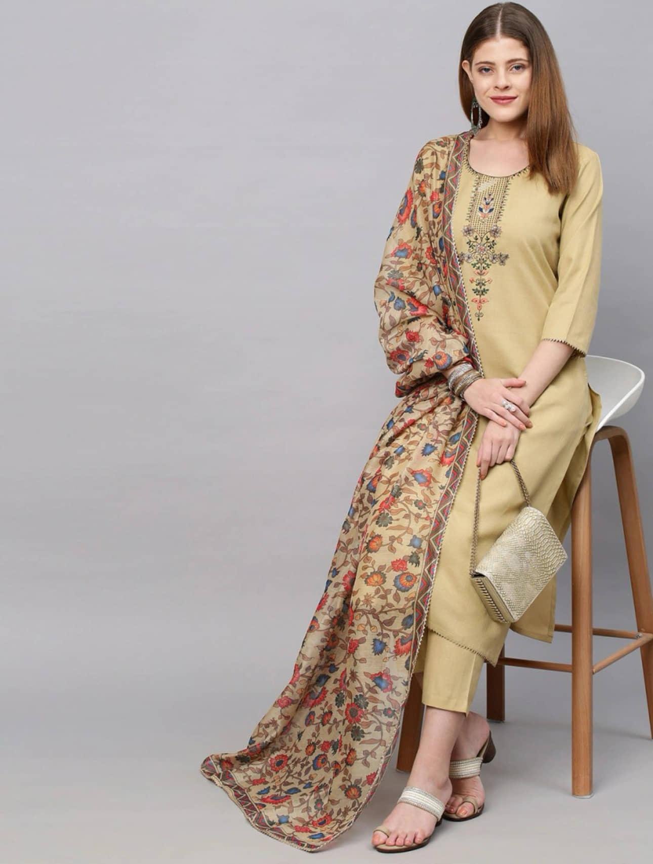 TRAHIMAM Cotton Blend Embroidered Kurti With Pants Women's Stitched Salwar Suit - Beige ( Pack of 1 )