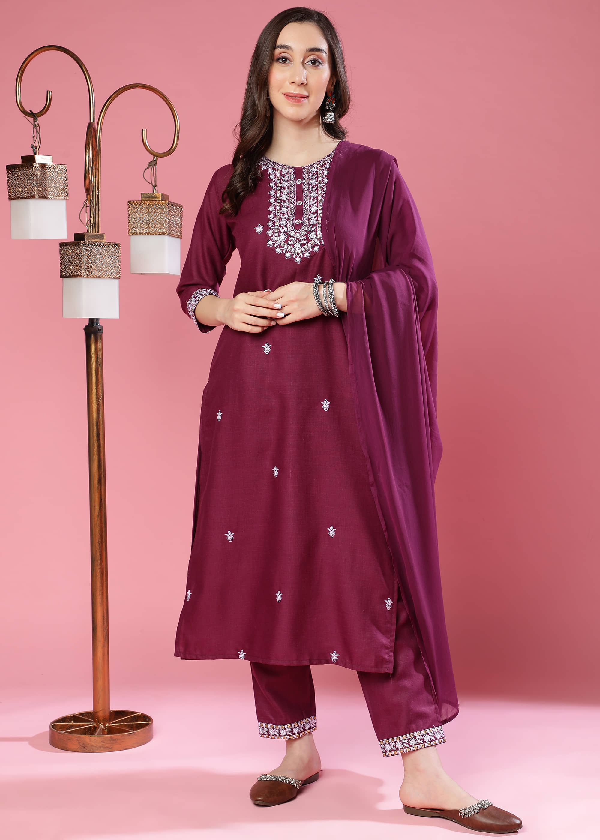 TRAHIMAM Cotton Blend Embroidered Kurti With Palazzo Women's Stitched Salwar Suit - Purple ( Pack of 1 )