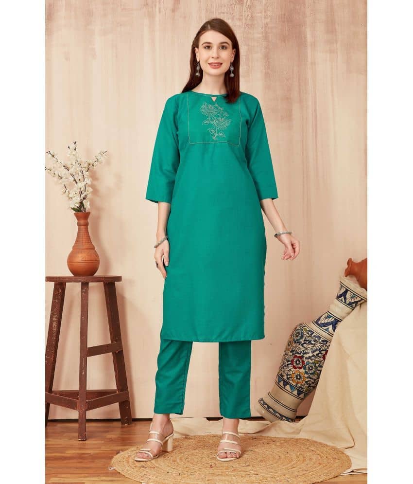 TRAHIMAM Cotton Blend Embroidered Kurti With Pants Women's Stitched Salwar Suit - Green ( Pack of 1 )