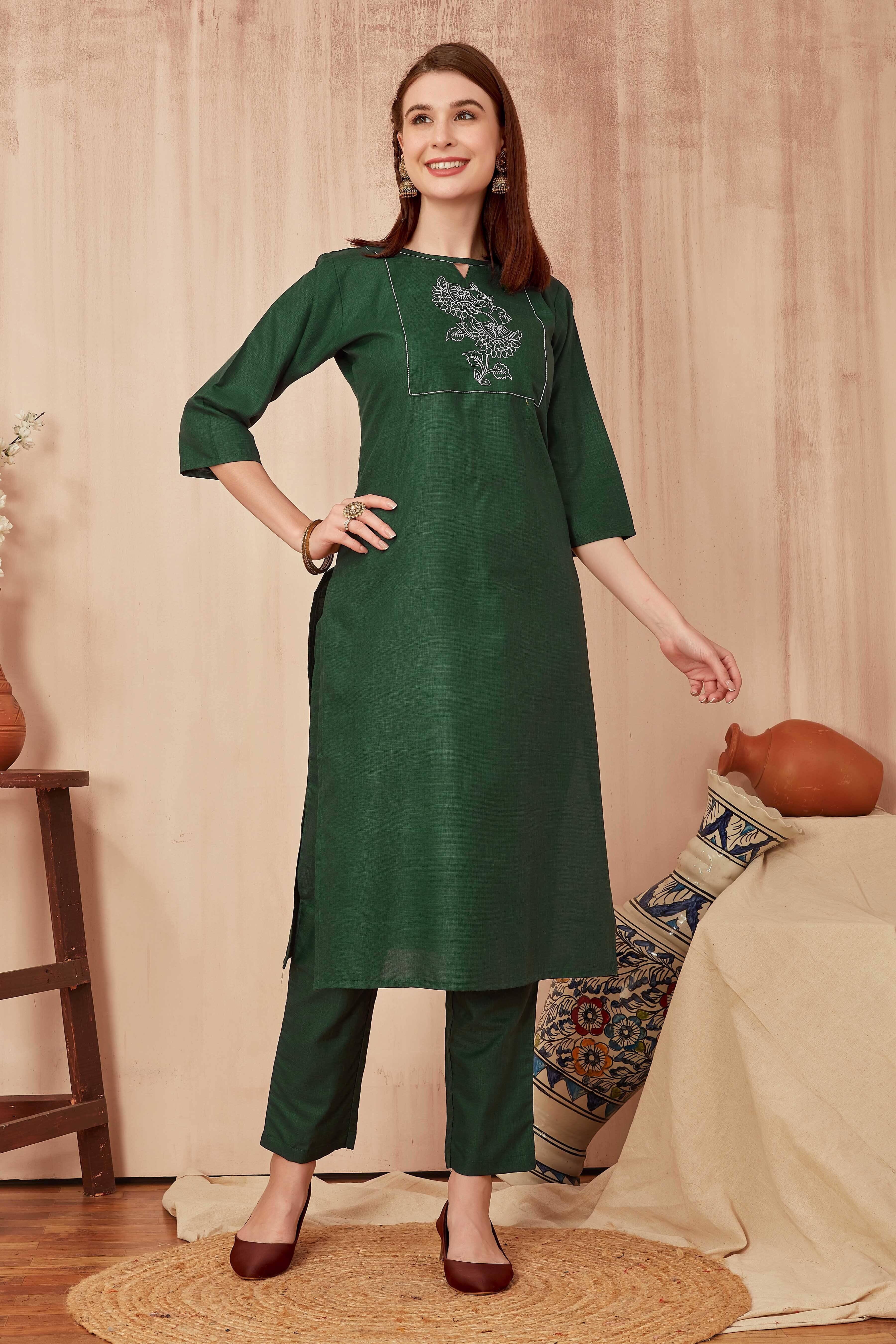 TRAHIMAM Cotton Blend Embroidered Kurti With Pants Women's Stitched Salwar Suit - Green ( Pack of 1 ) TRAHIMAM Cotton Blend Embroidered Kurti With Pants Women's Stitched Salwar Suit - Green ( Pack of 1 )