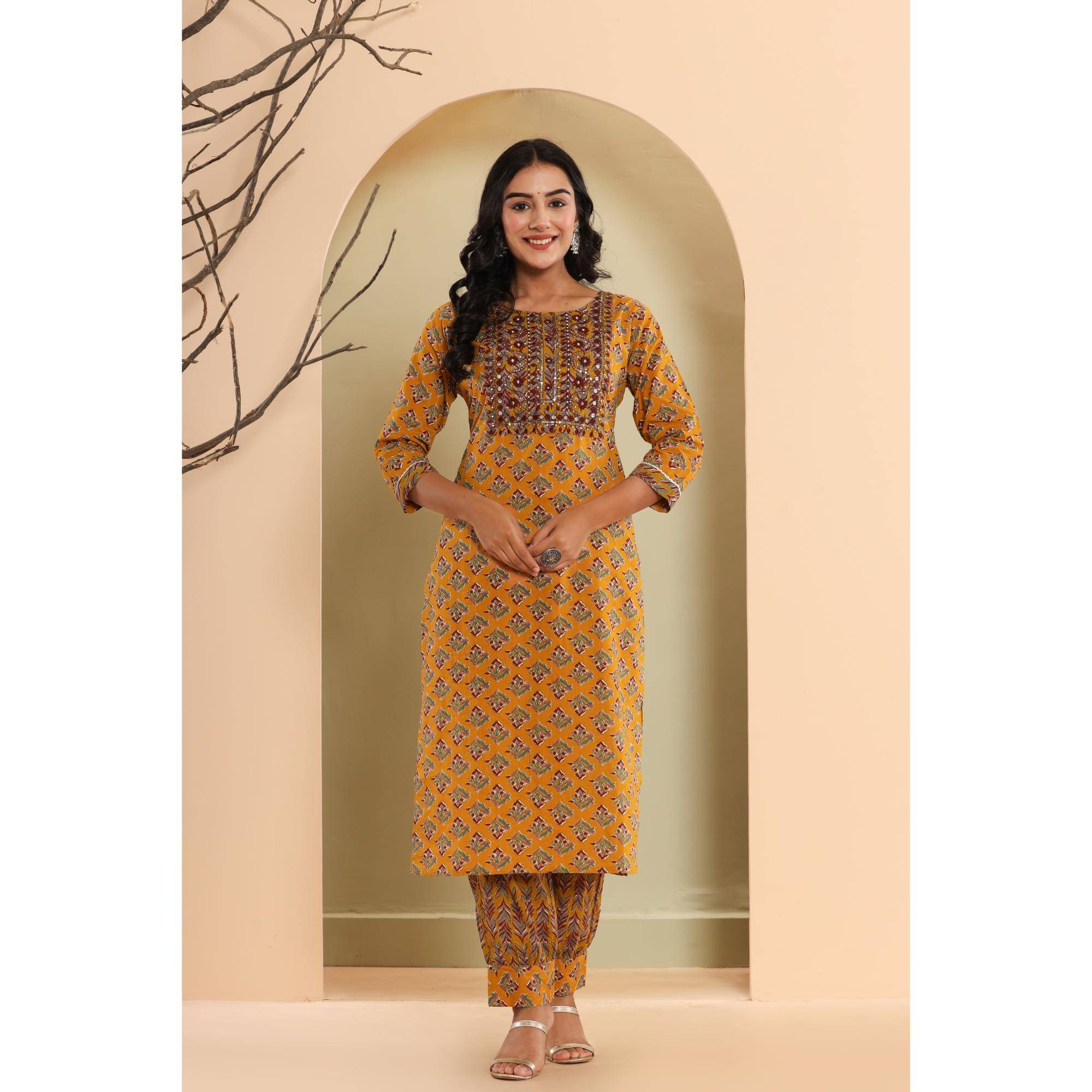 Vashineh Cotton Printed Kurti With Pants Women's Stitched Salwar Suit - Brown ( Pack of 1 ) Vashineh Cotton Printed Kurti With Pants Women's Stitched Salwar Suit - Brown ( Pack of 1 )
