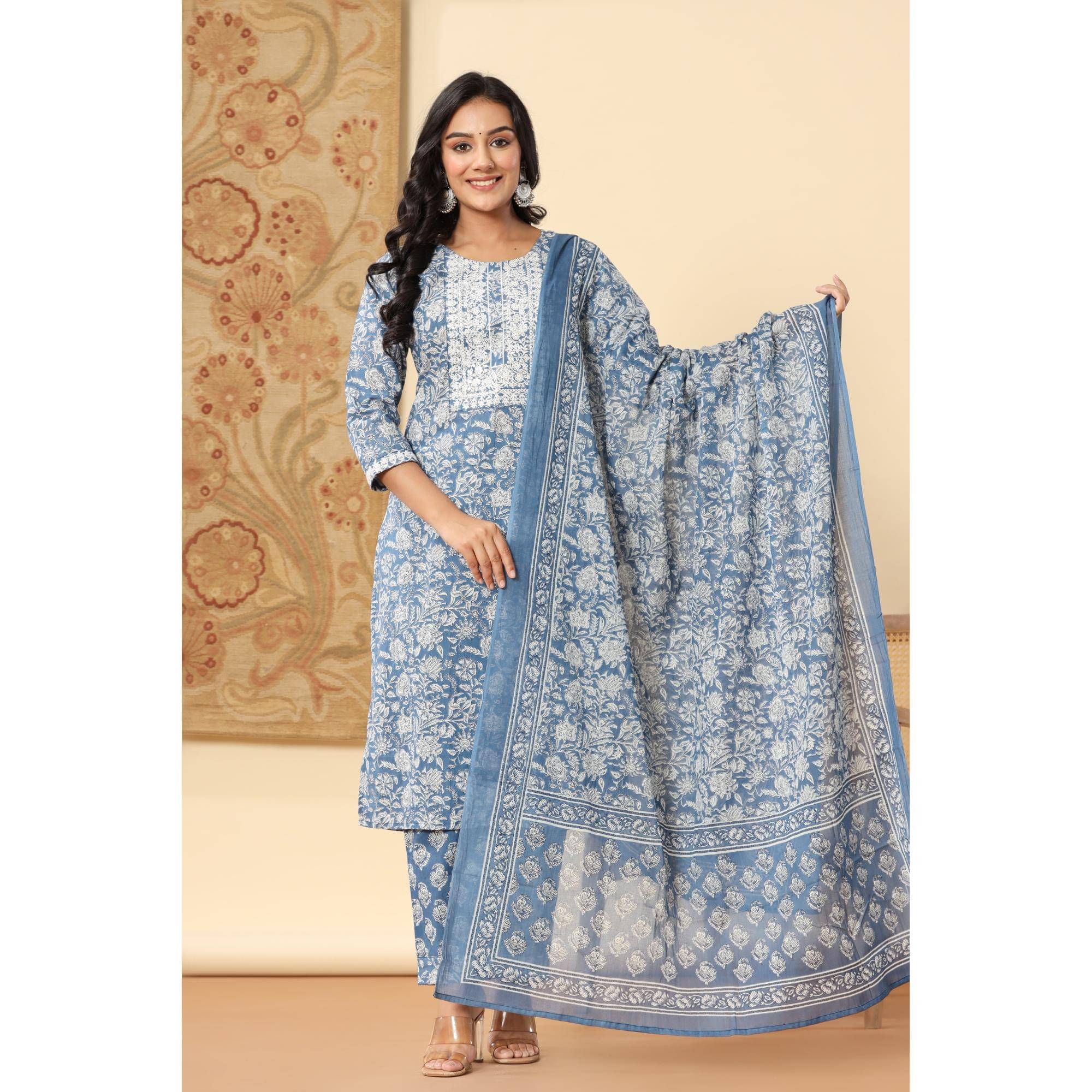     			Vashineh Cotton Printed Kurti With Palazzo Women's Stitched Salwar Suit - Blue ( Pack of 1 )