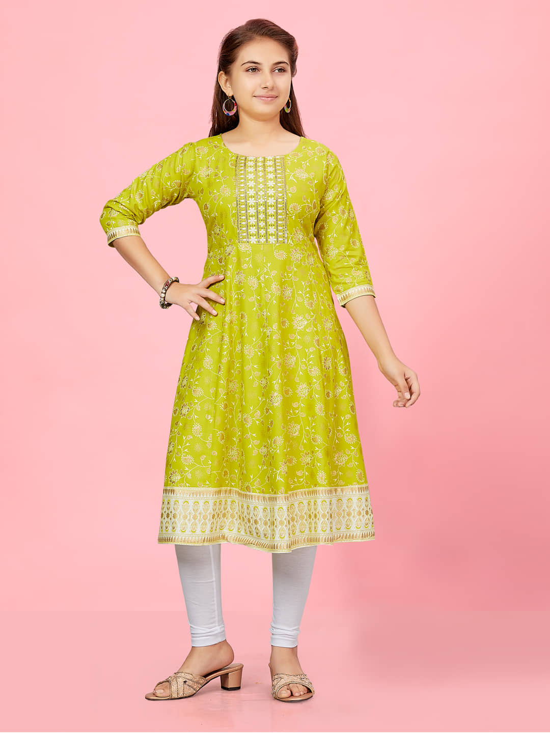 Aarika Girls Cotton Kurti Legging Set ( Pack of 1 , Lime Green )