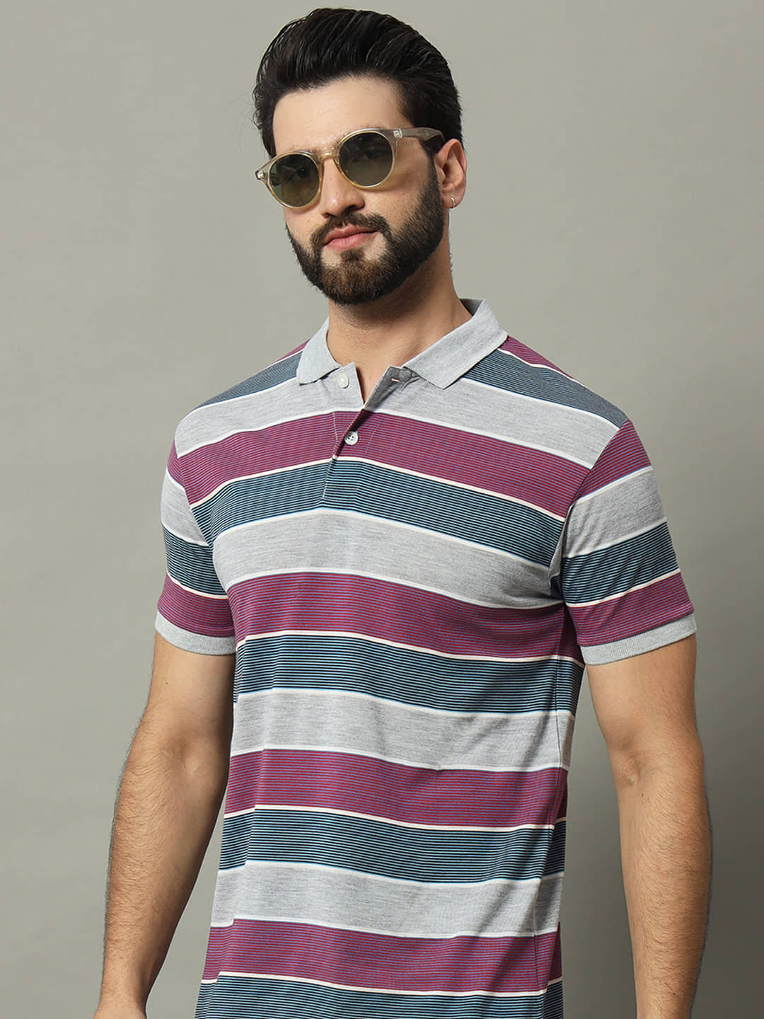 GET GOLF Pack of 1 Cotton Blend Regular Fit Striped Half Sleeves Men's Polo T Shirt ( Grey )