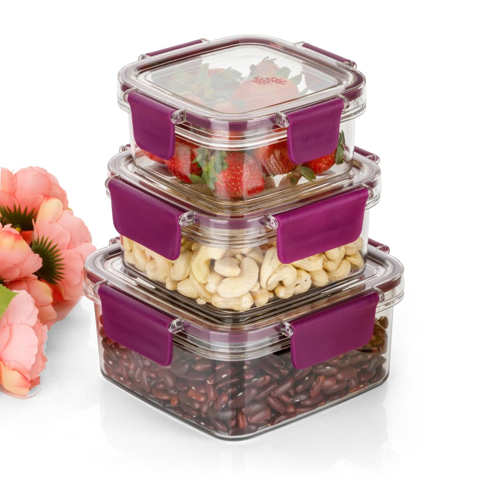     			HomePro Air-Tight Square Plastic Transparent Food Container ( Set of 3 )