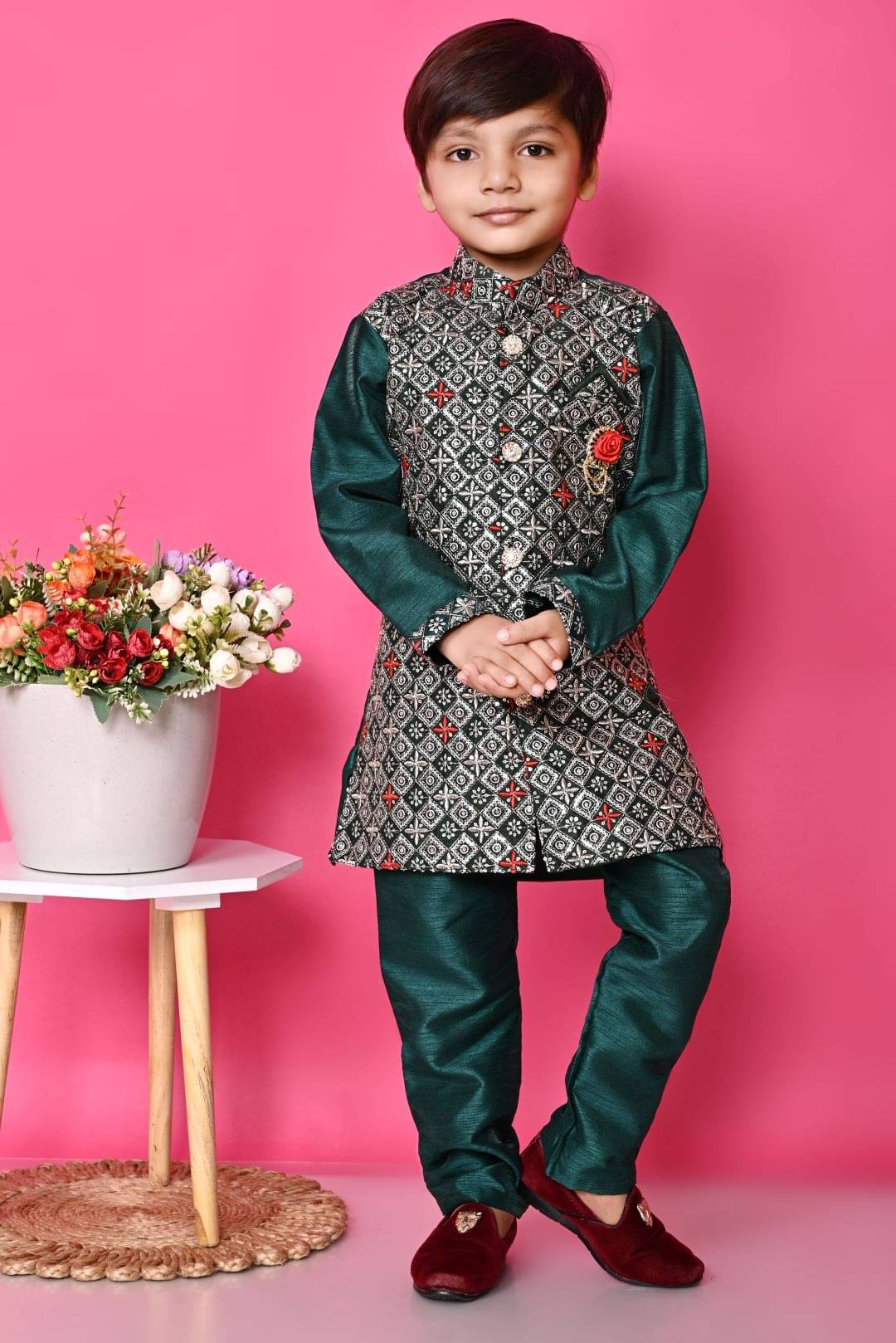     			New Collection Boys Cotton Blend Sequined - Pattern Kurta Pant Set ( Dark Green , Pack of 1 )