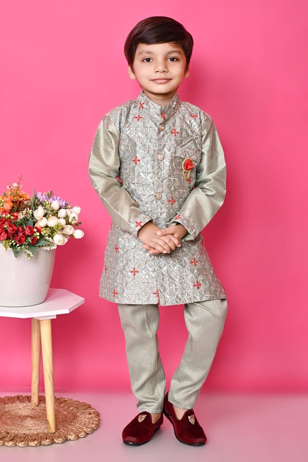 New Collection Boys Cotton Blend Sequined - Pattern Kurta Pant Set ( Grey , Pack of 1 ) New Collection Boys Cotton Blend Sequined - Pattern Kurta Pant Set ( Grey , Pack of 1 )