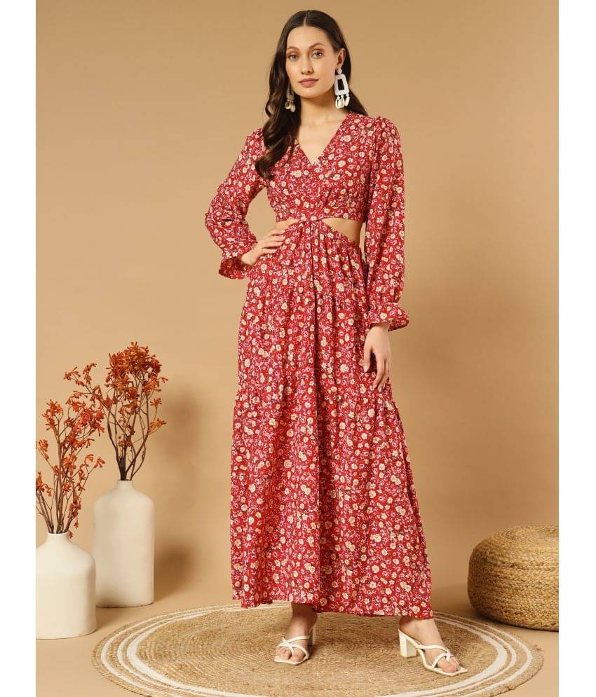     			OTABU Women Crepe Printed Fit & Flare Dress ( Red )