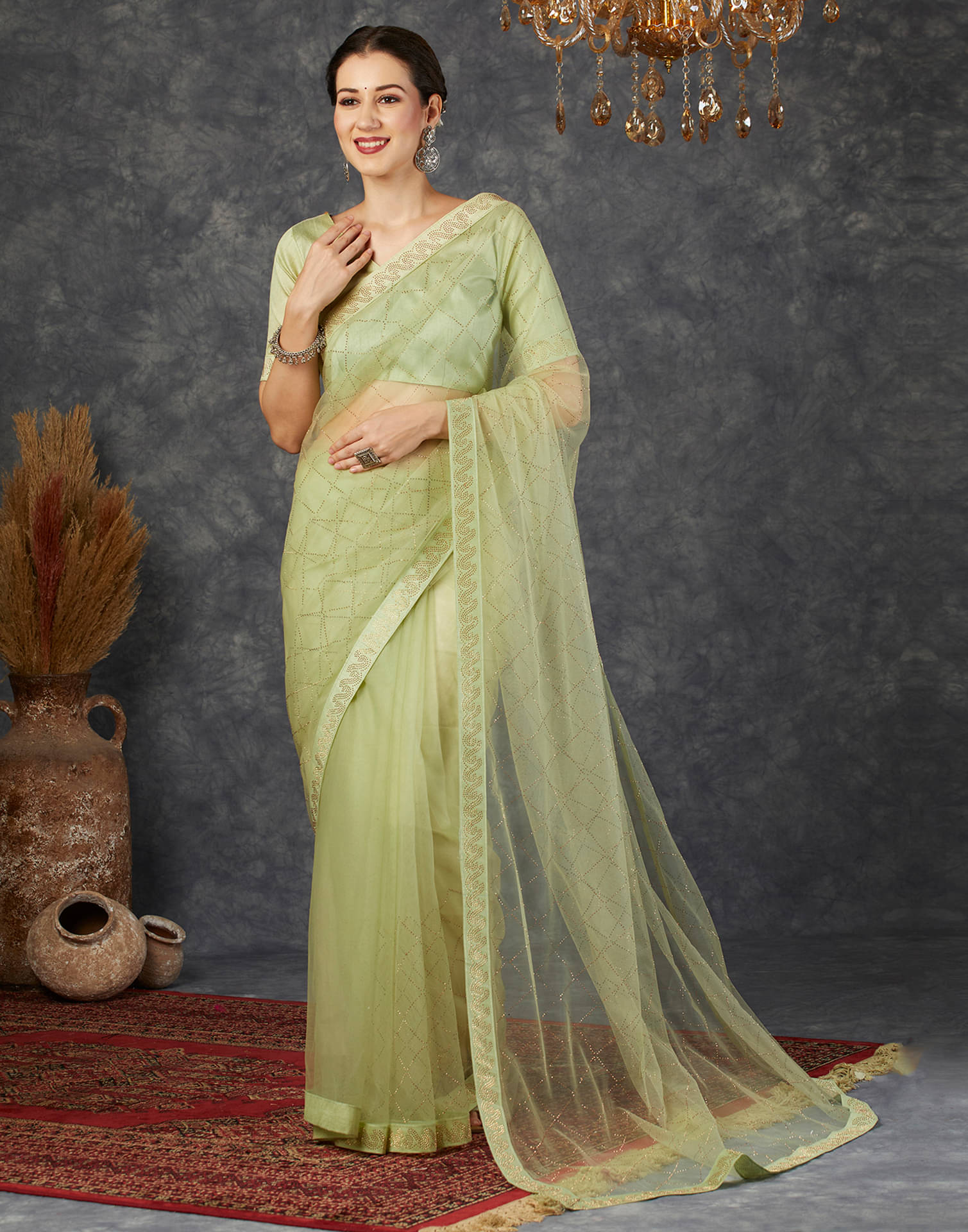     			Samah Net Embellished Saree With Unstitched Blouse Piece ( Light Green )