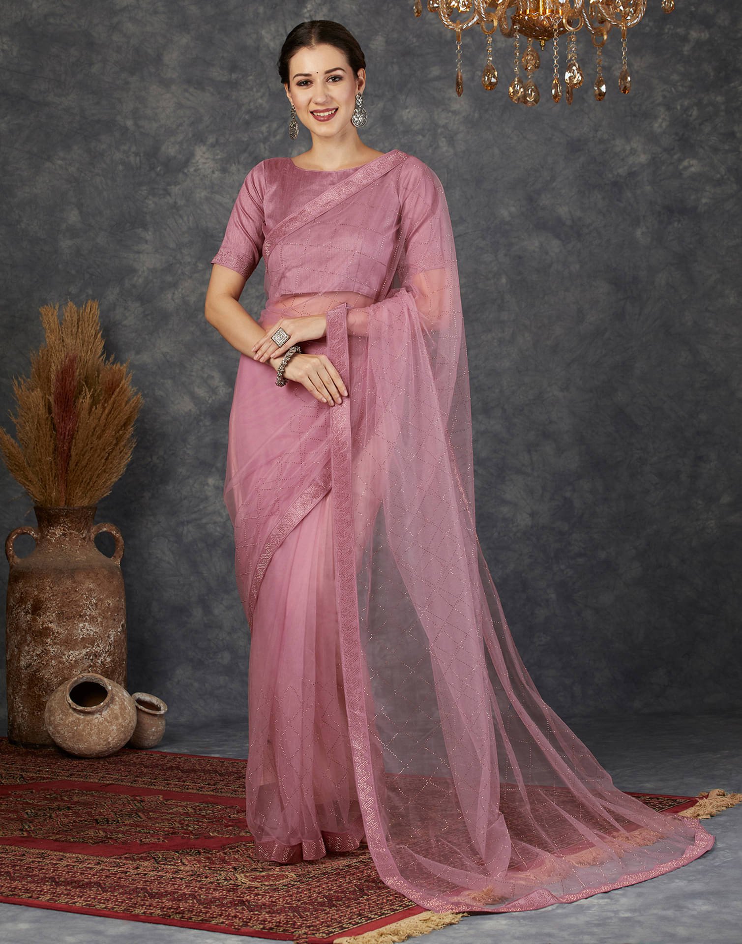 Samah Net Embellished Saree With Unstitched Blouse Piece ( Pink ) Samah Net Embellished Saree With Unstitched Blouse Piece ( Pink )