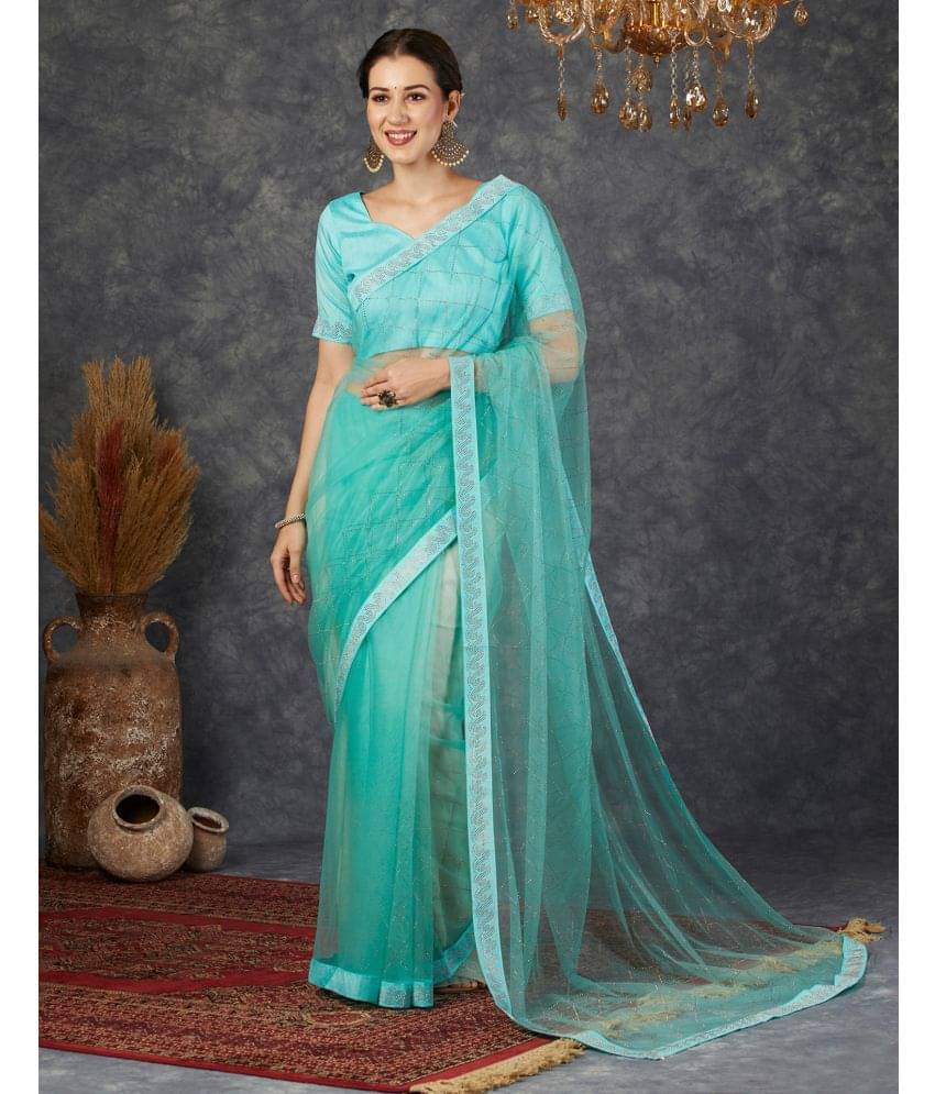 Samah Net Embellished Saree With Unstitched Blouse Piece ( Turquoise ) Samah Net Embellished Saree With Unstitched Blouse Piece ( Turquoise )