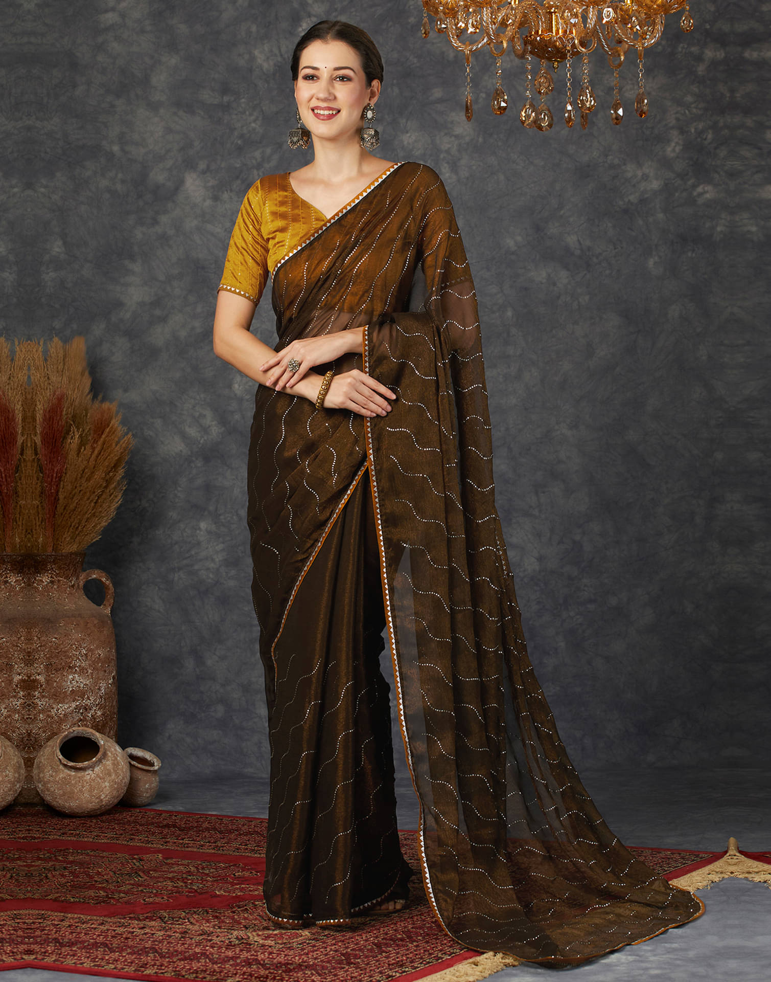 Satrani Chiffon Embellished Saree With Unstitched Blouse Piece ( Brown ) Satrani Chiffon Embellished Saree With Unstitched Blouse Piece ( Brown )