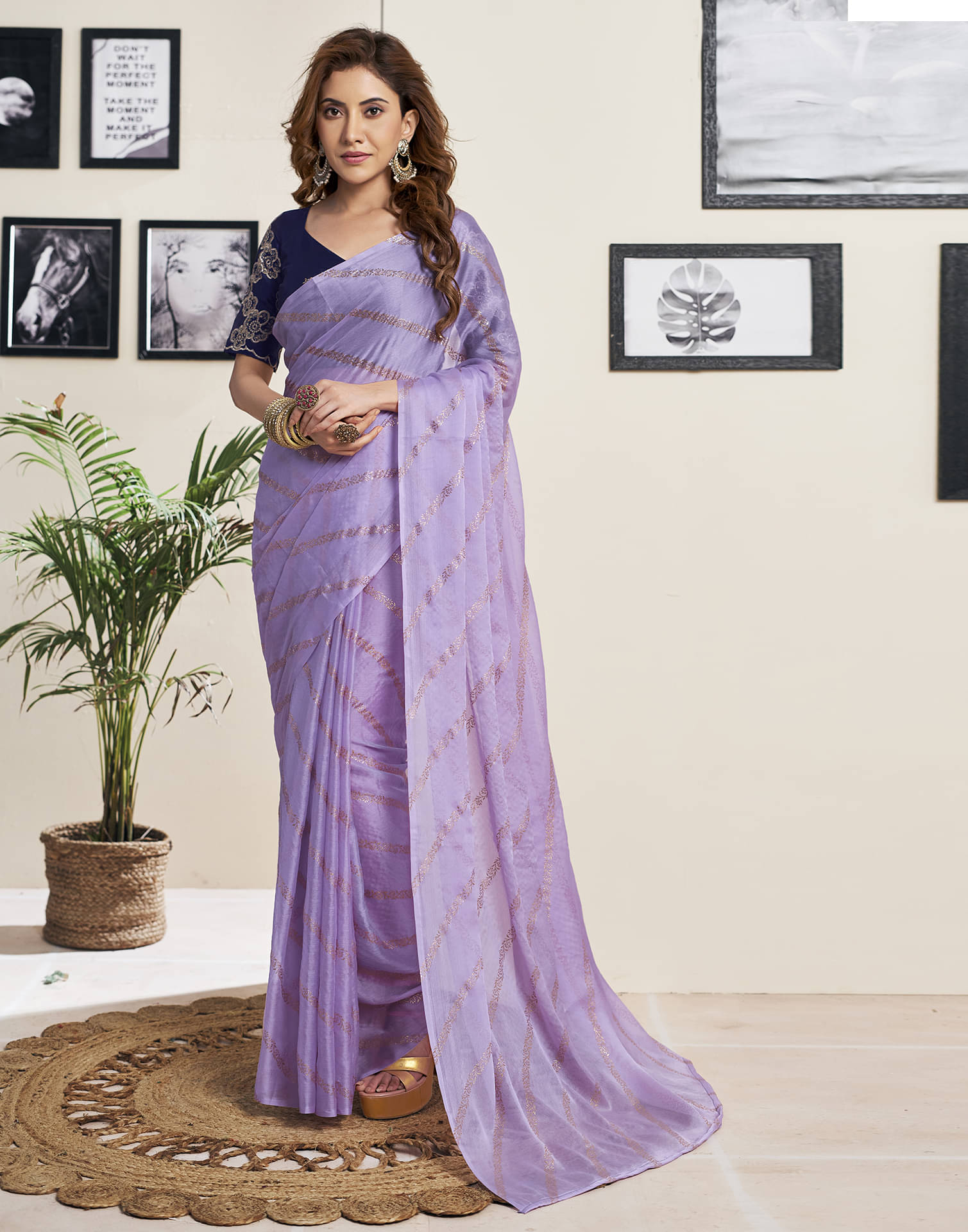Satrani Chiffon Striped Saree With Unstitched Blouse Piece ( Lavender ) Satrani Chiffon Striped Saree With Unstitched Blouse Piece ( Lavender )