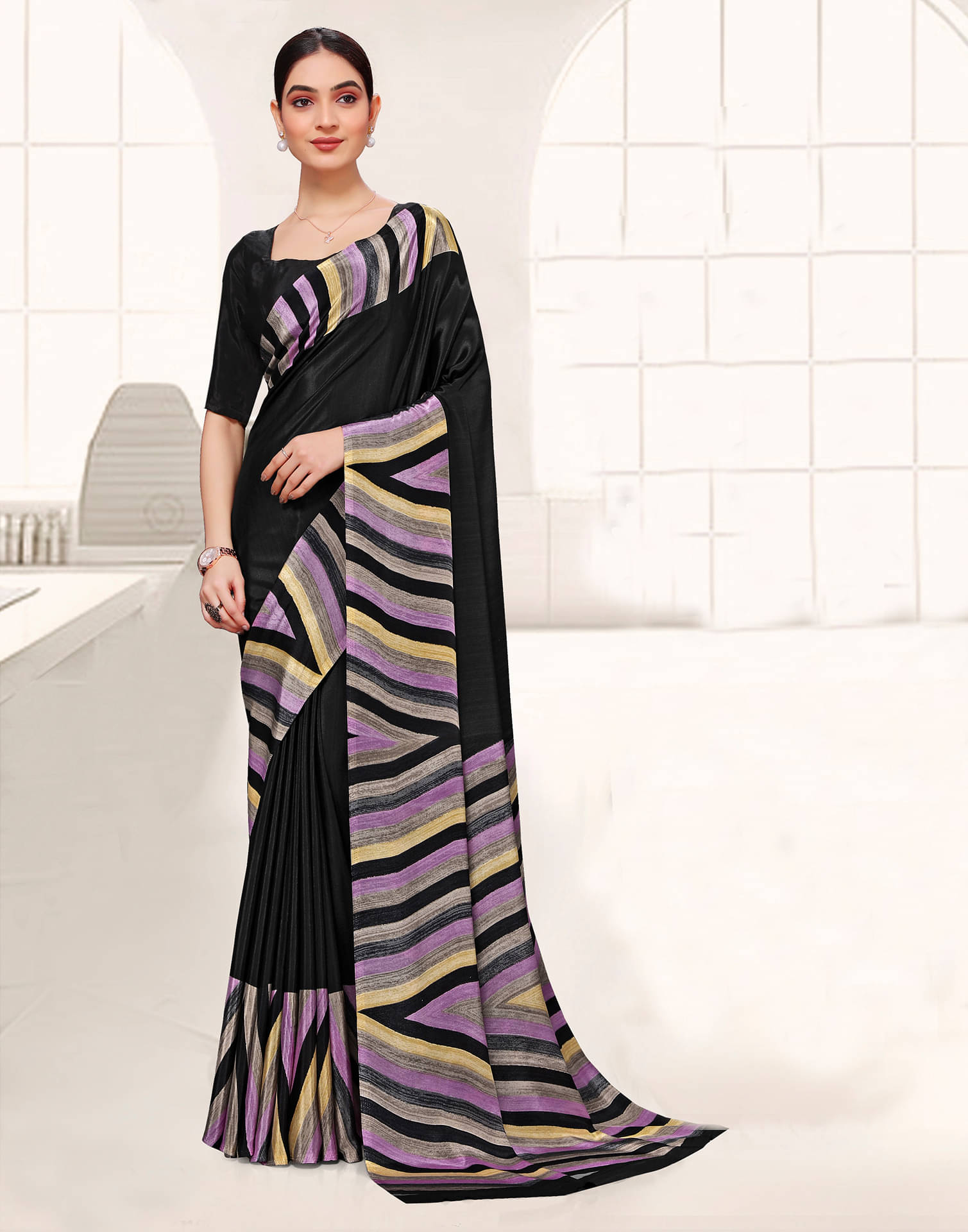     			Satrani Crepe Printed Saree With Unstitched Blouse Piece ( Black )
