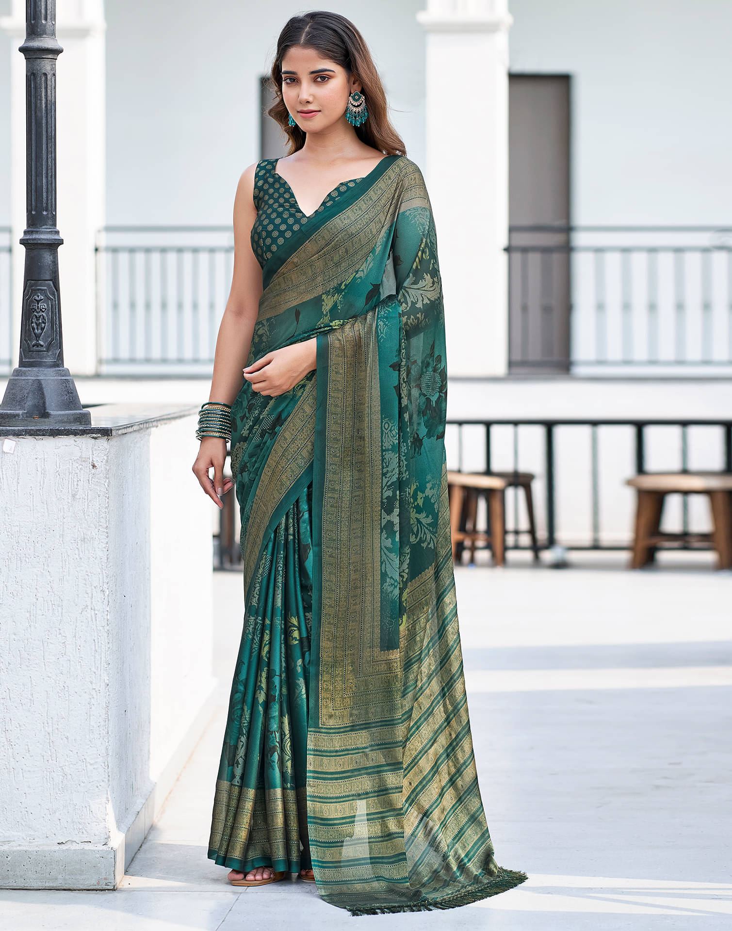     			Satrani Georgette Printed Saree With Unstitched Blouse Piece ( Rama )