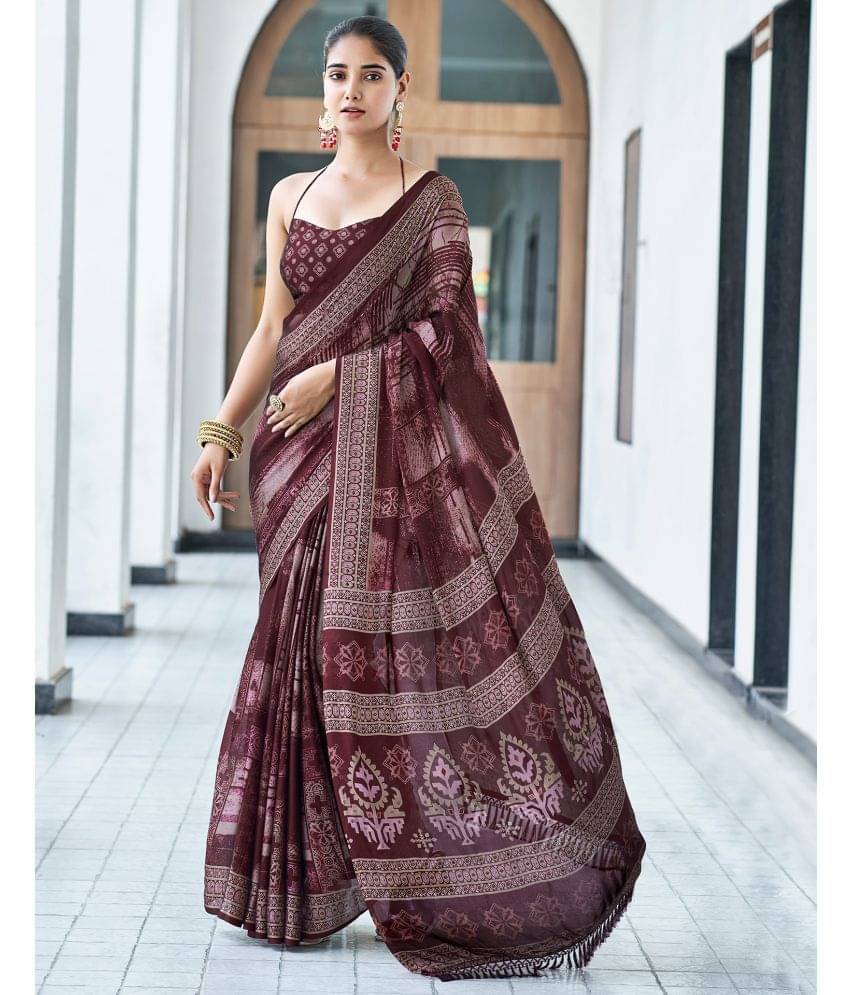     			Satrani Georgette Printed Saree With Unstitched Blouse Piece ( Maroon )