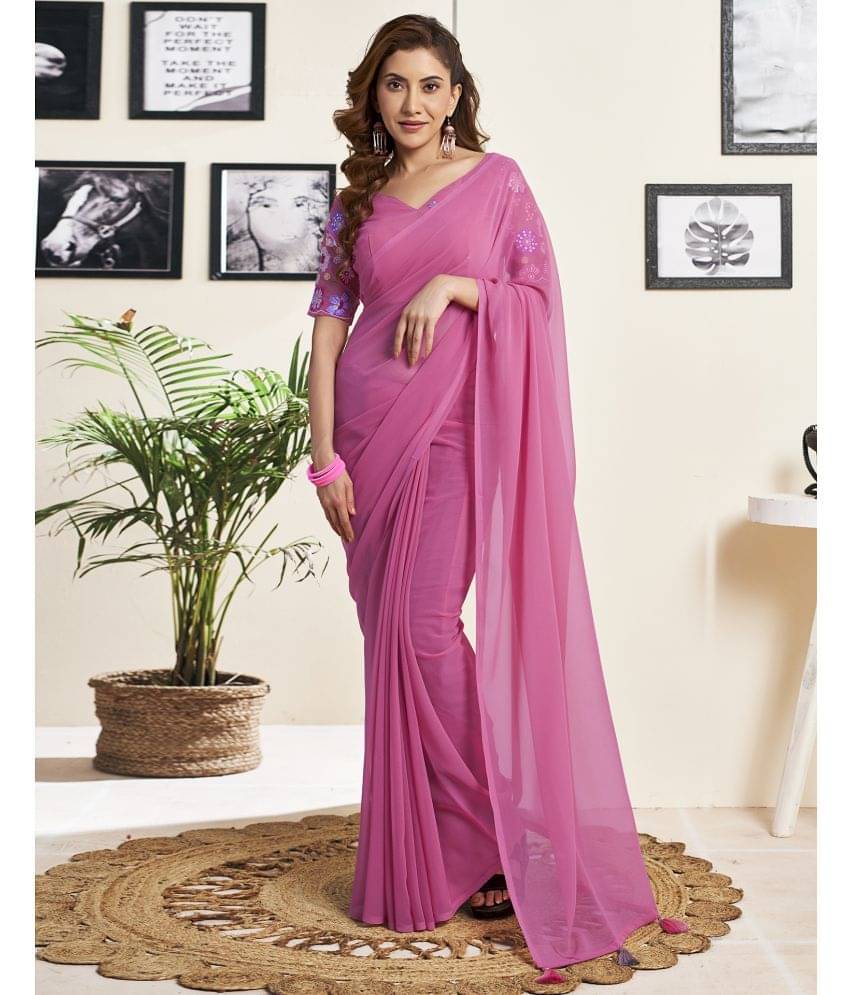 Satrani Georgette Solid Saree With Unstitched Blouse Piece ( Pink ) Satrani Georgette Solid Saree With Unstitched Blouse Piece ( Pink )