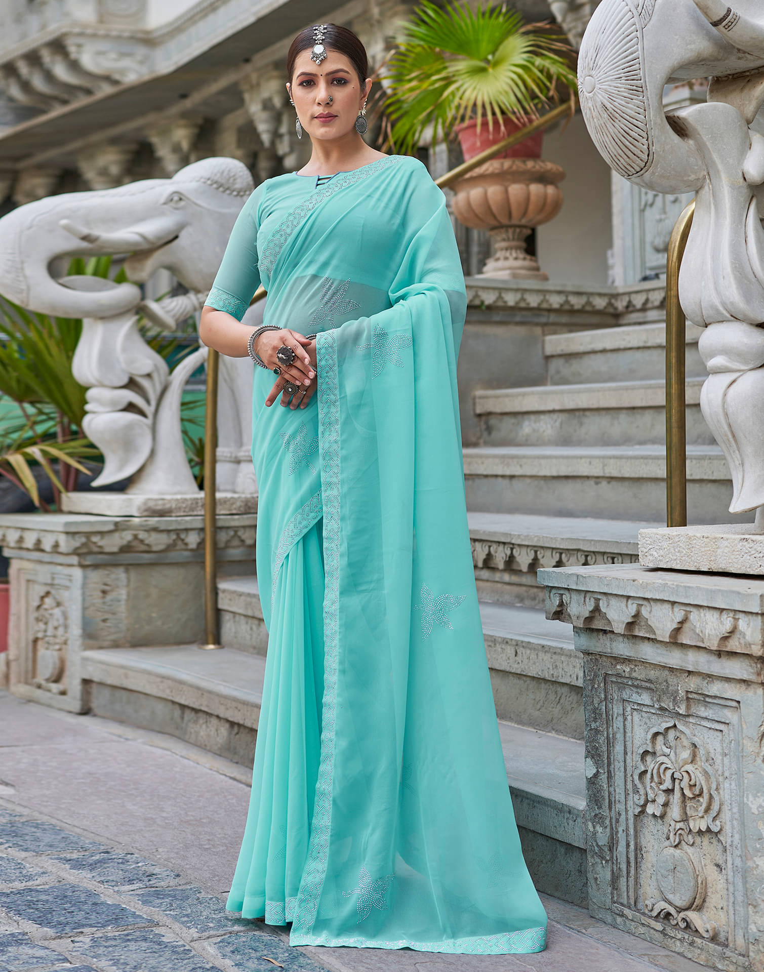 Satrani Georgette Solid Saree With Unstitched Blouse Piece ( Turquoise ) Satrani Georgette Solid Saree With Unstitched Blouse Piece ( Turquoise )