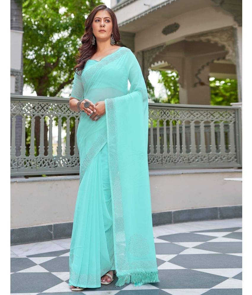 Satrani Georgette Solid Saree With Unstitched Blouse Piece ( Turquoise ) Satrani Georgette Solid Saree With Unstitched Blouse Piece ( Turquoise )