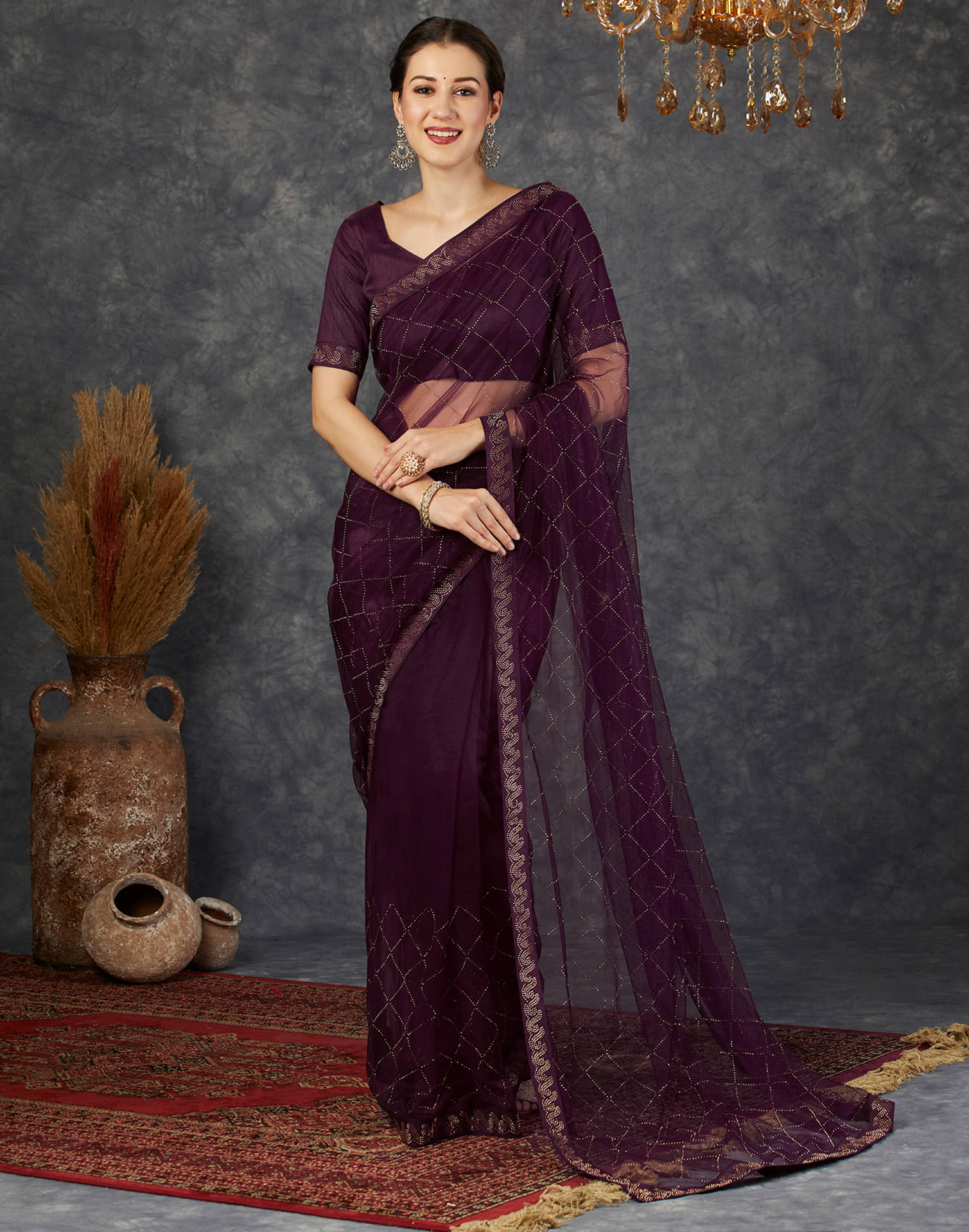     			Satrani Net Embellished Saree With Unstitched Blouse Piece ( Wine )