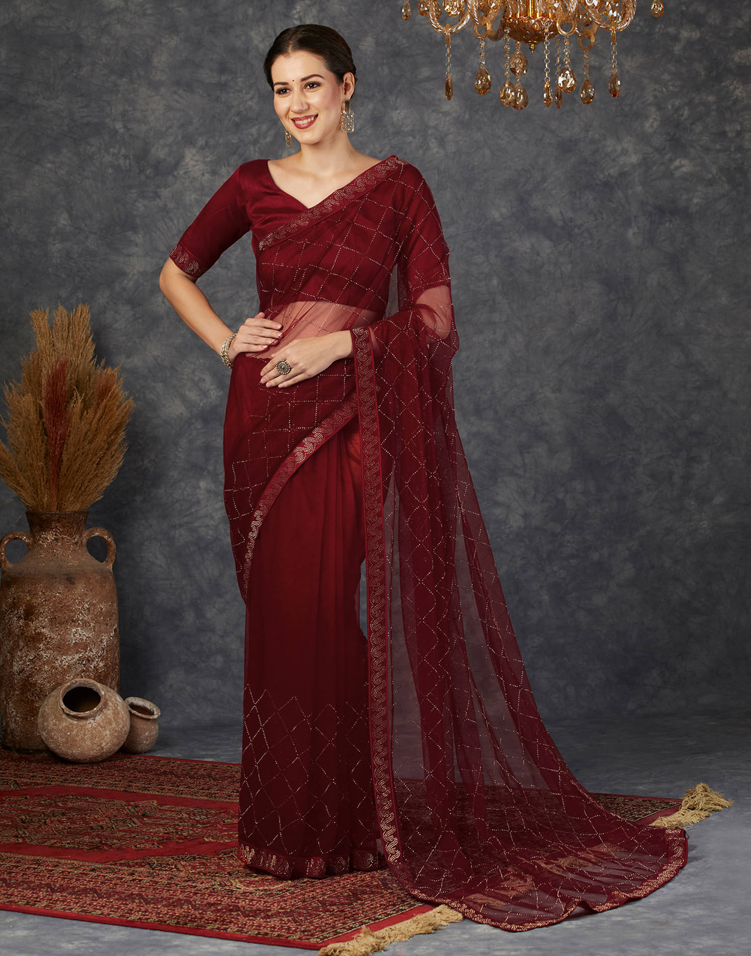     			Satrani Net Embellished Saree With Unstitched Blouse Piece ( Red )