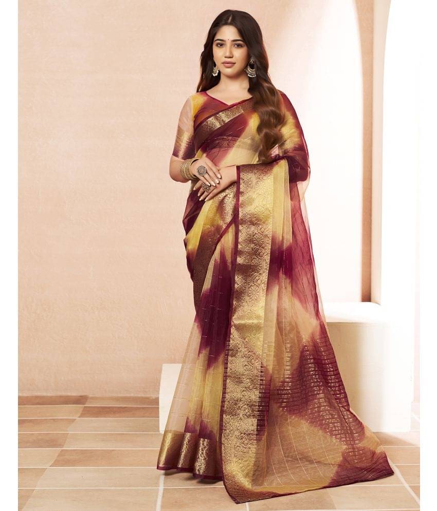     			Satrani Organza Printed Saree With Unstitched Blouse Piece ( Maroon )