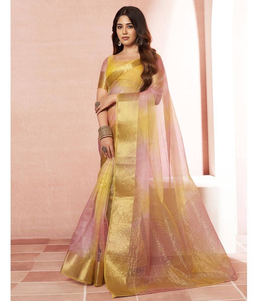 Satrani Organza Printed Saree With Unstitched Blouse Piece ( Yellow ) Satrani Organza Printed Saree With Unstitched Blouse Piece ( Yellow )