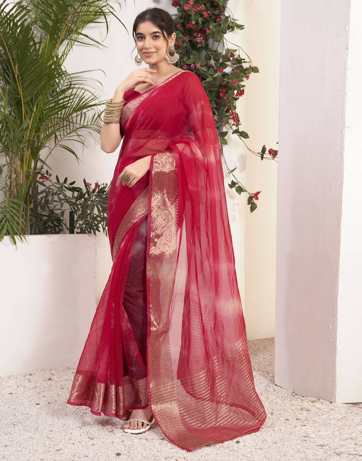     			Satrani Organza Printed Saree With Unstitched Blouse Piece ( Pink )