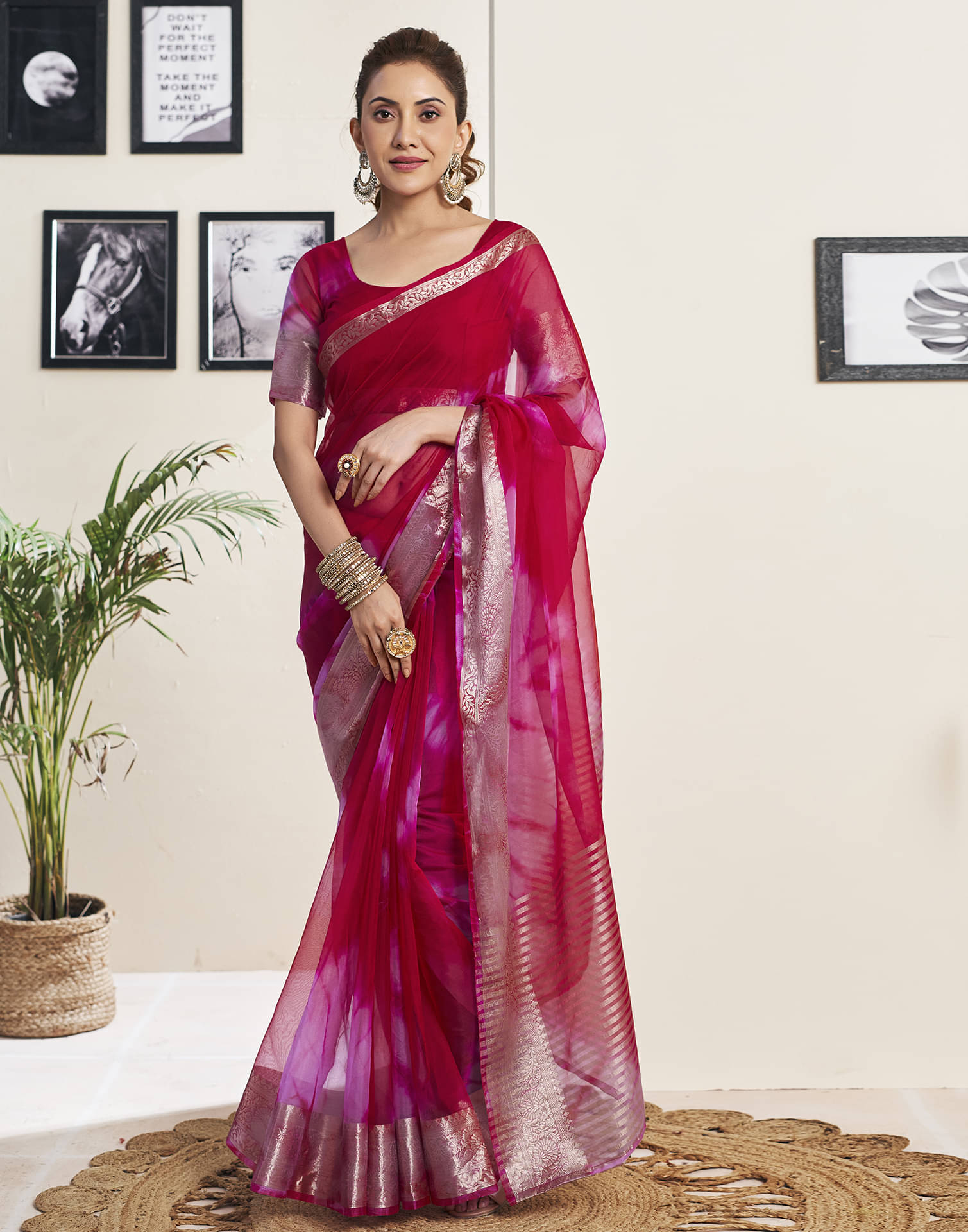     			Satrani Organza Printed Saree With Unstitched Blouse Piece ( Red )