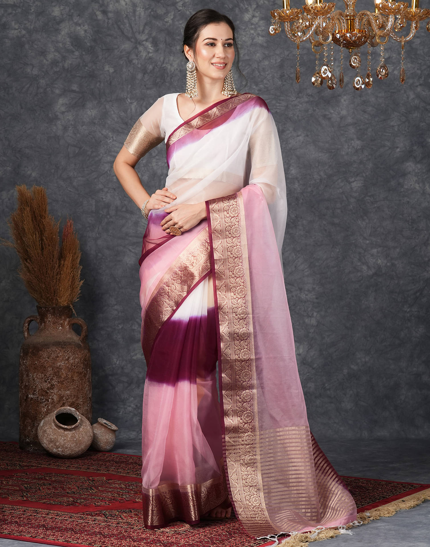     			Satrani Organza Solid Saree With Unstitched Blouse Piece ( Maroon )
