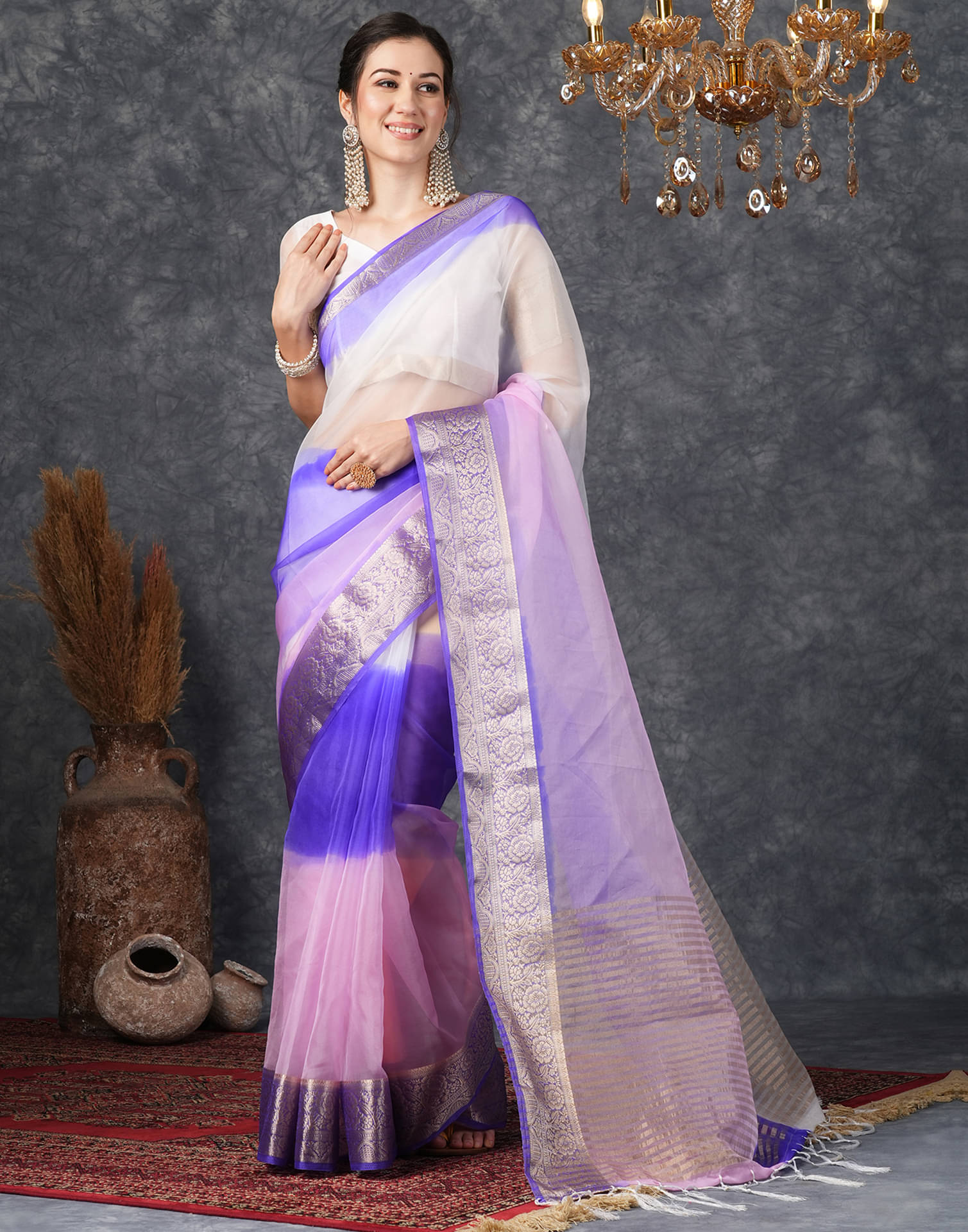     			Satrani Organza Solid Saree With Unstitched Blouse Piece ( Blue )