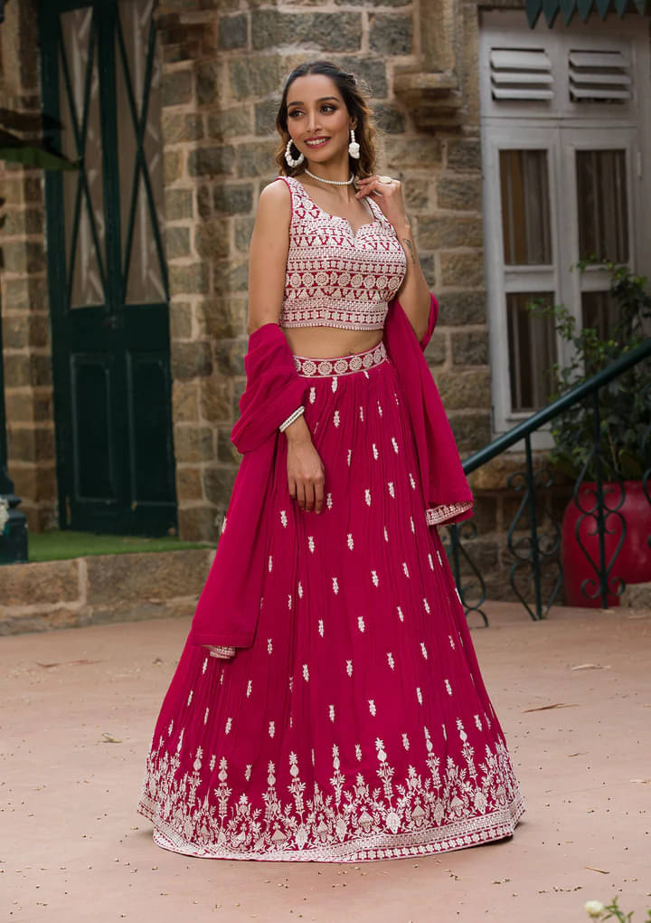     			kedar fab Pink Georgette Circular Semi Stitched Lehenga Single