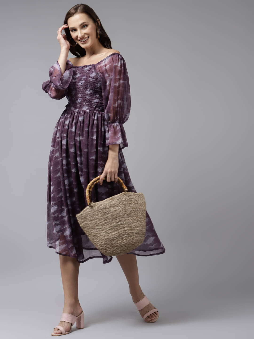 Aarika Women Cotton Blend Dyed Fit & Flare Dress ( Purple ) Aarika Women Cotton Blend Dyed Fit & Flare Dress ( Purple )