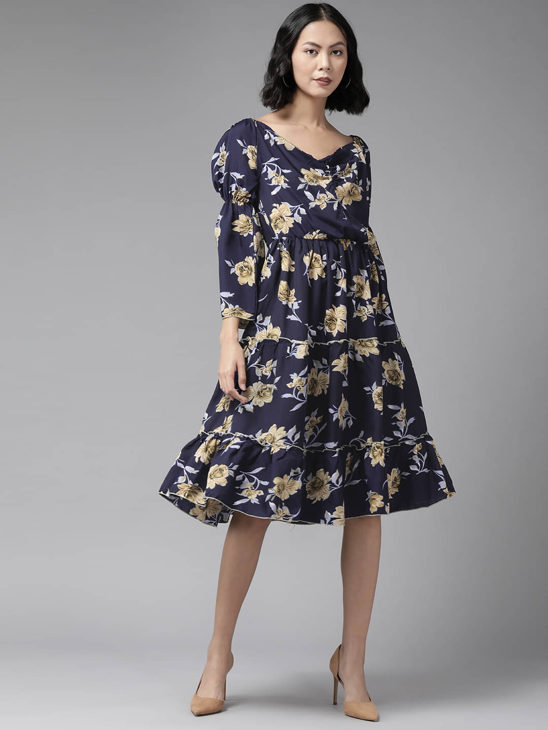 Aarika Women Cotton Blend Printed Fit & Flare Dress ( Navy Blue ) Aarika Women Cotton Blend Printed Fit & Flare Dress ( Navy Blue )