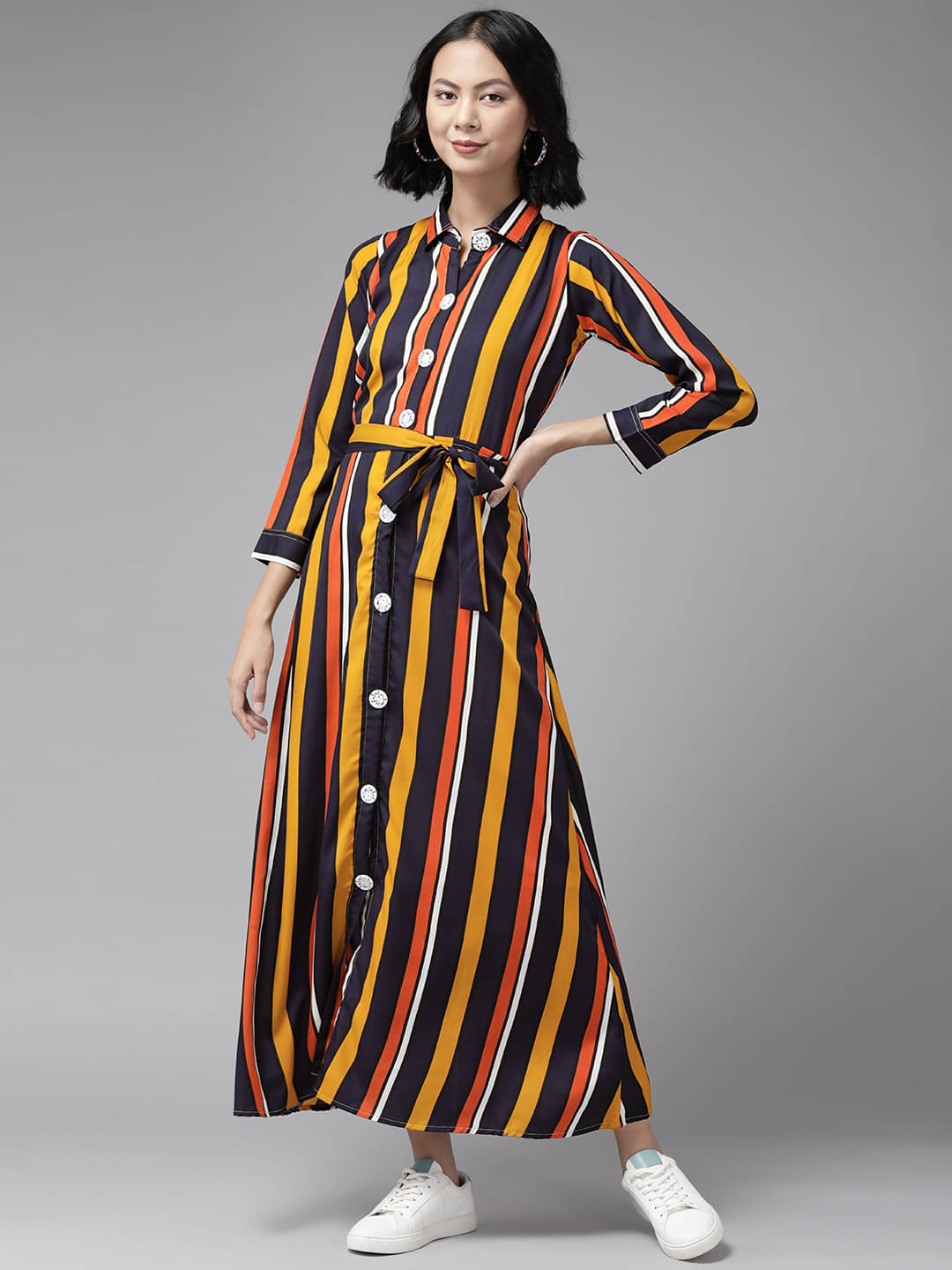     			Aarika Cotton Blend Striped Ankle Length Women's A-line Dress - Multicolor ( Pack of 1 )