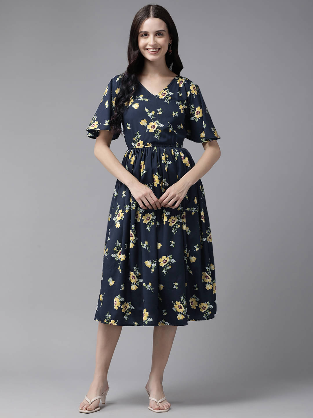 Aarika Women Crepe Printed Fit & Flare Dress ( Navy Blue ) Aarika Women Crepe Printed Fit & Flare Dress ( Navy Blue )