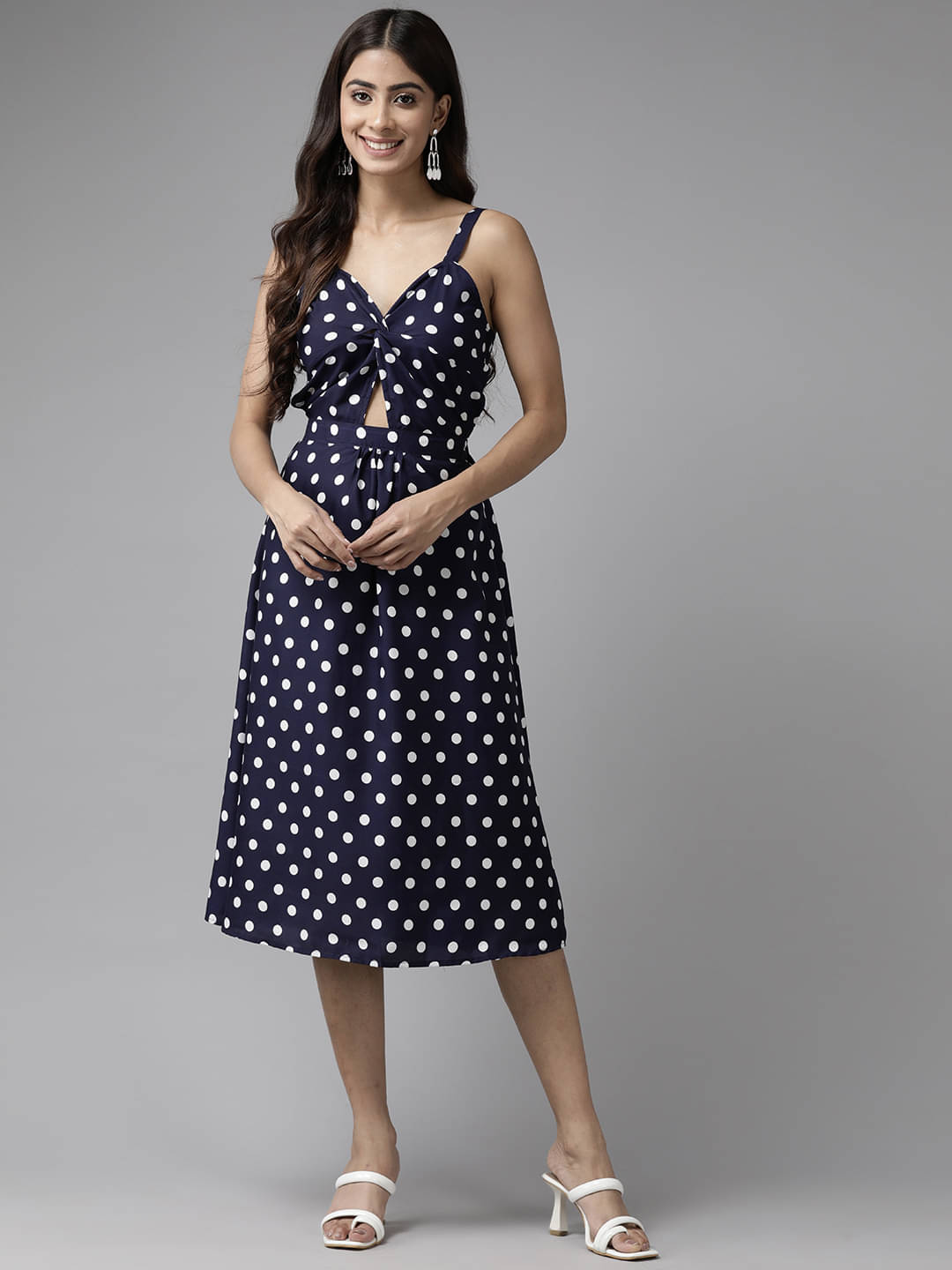 Aarika Women Crepe Printed Cut Out Dress ( Navy Blue ) Aarika Women Crepe Printed Cut Out Dress ( Navy Blue )